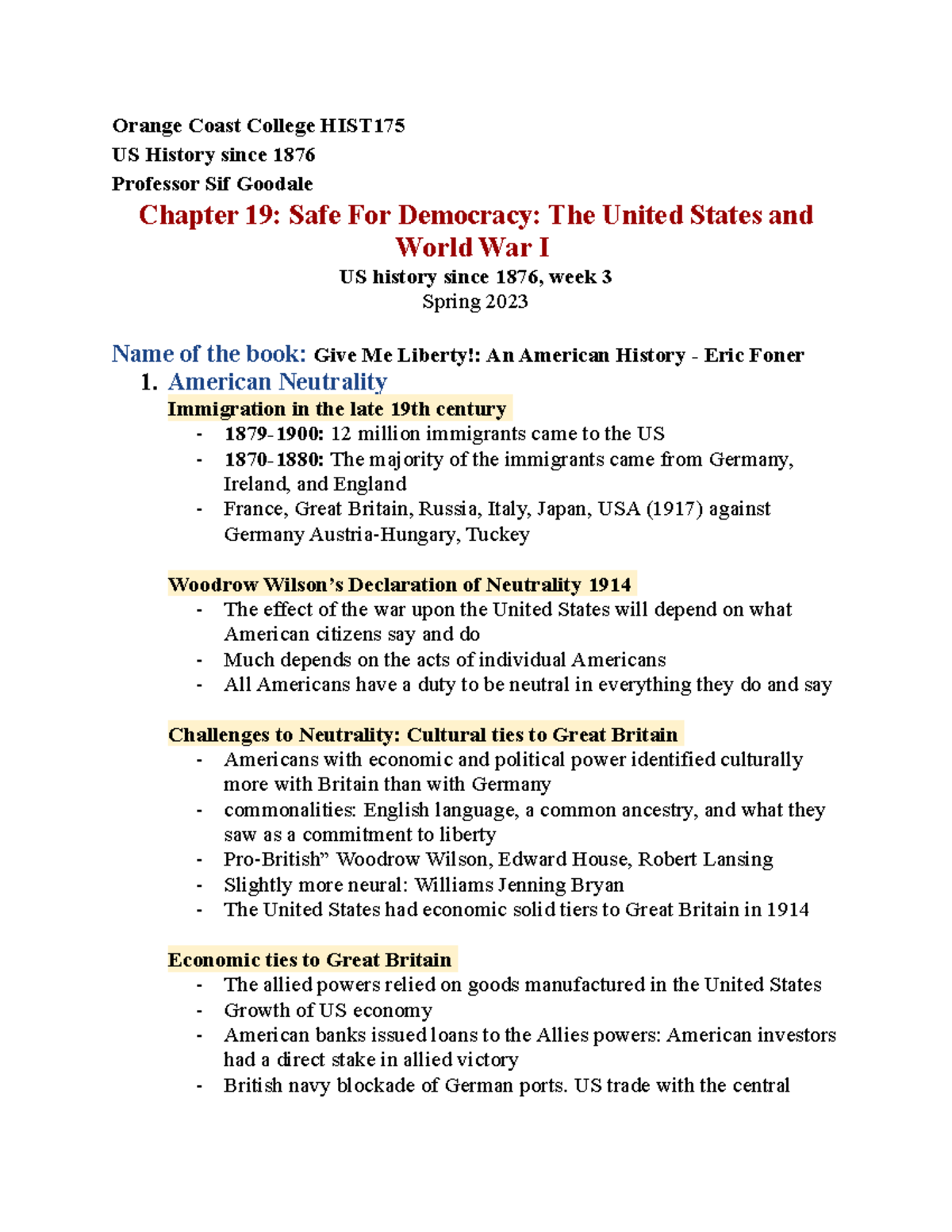 Week 5 Notes on chapter 19 Safe For Democracy The United States and ...