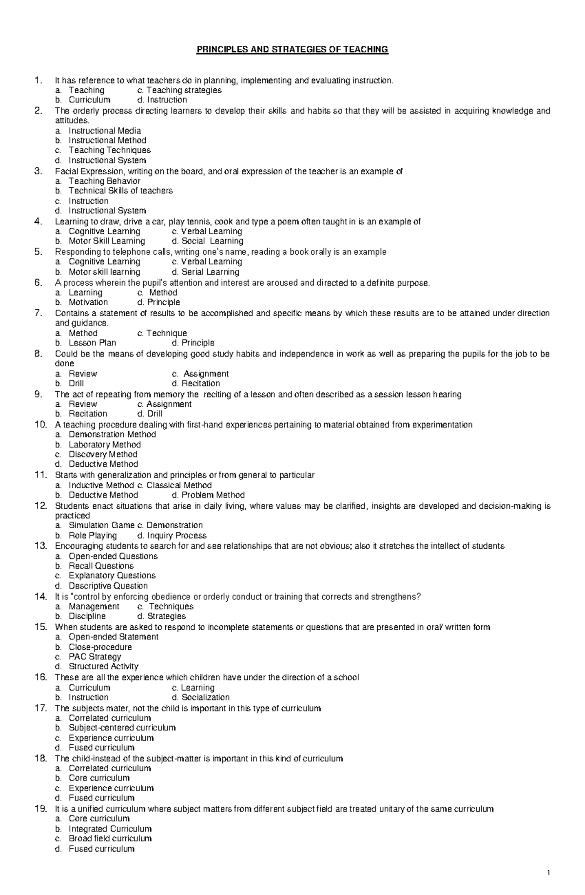 Simulated TEST Principles AND Strategies OF Teaching - PRINCIPLES AND ...