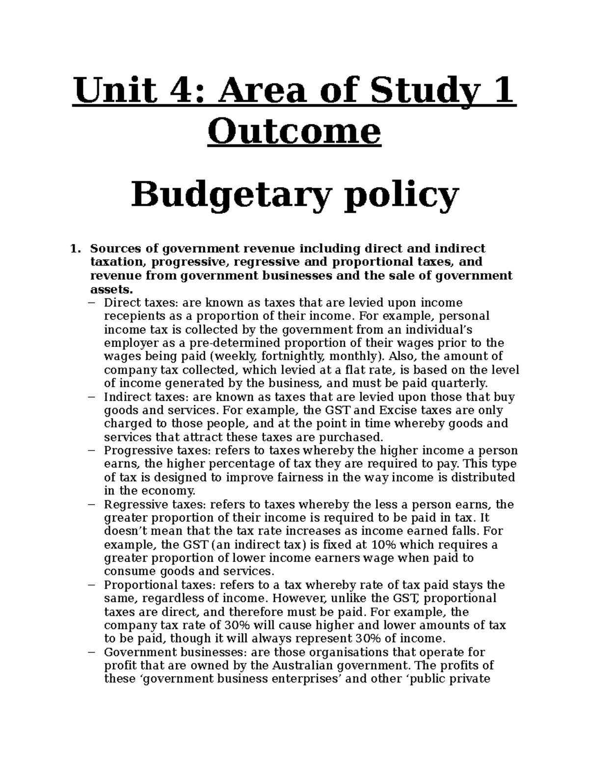 Unit 4 BP - U3/4 Economics Budgetary Policy Notes - Unit 4: Area Of ...