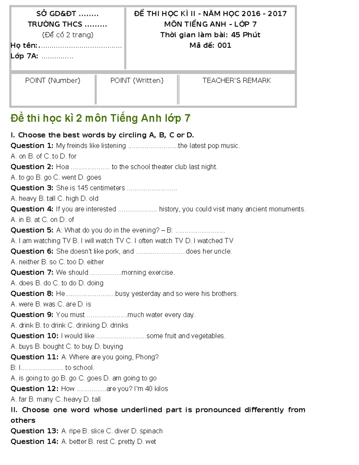 De thi hoc ky 2 tieng anh 7 de 1 - SỞ GD&ĐT ........ TRƯỜNG THCS ...