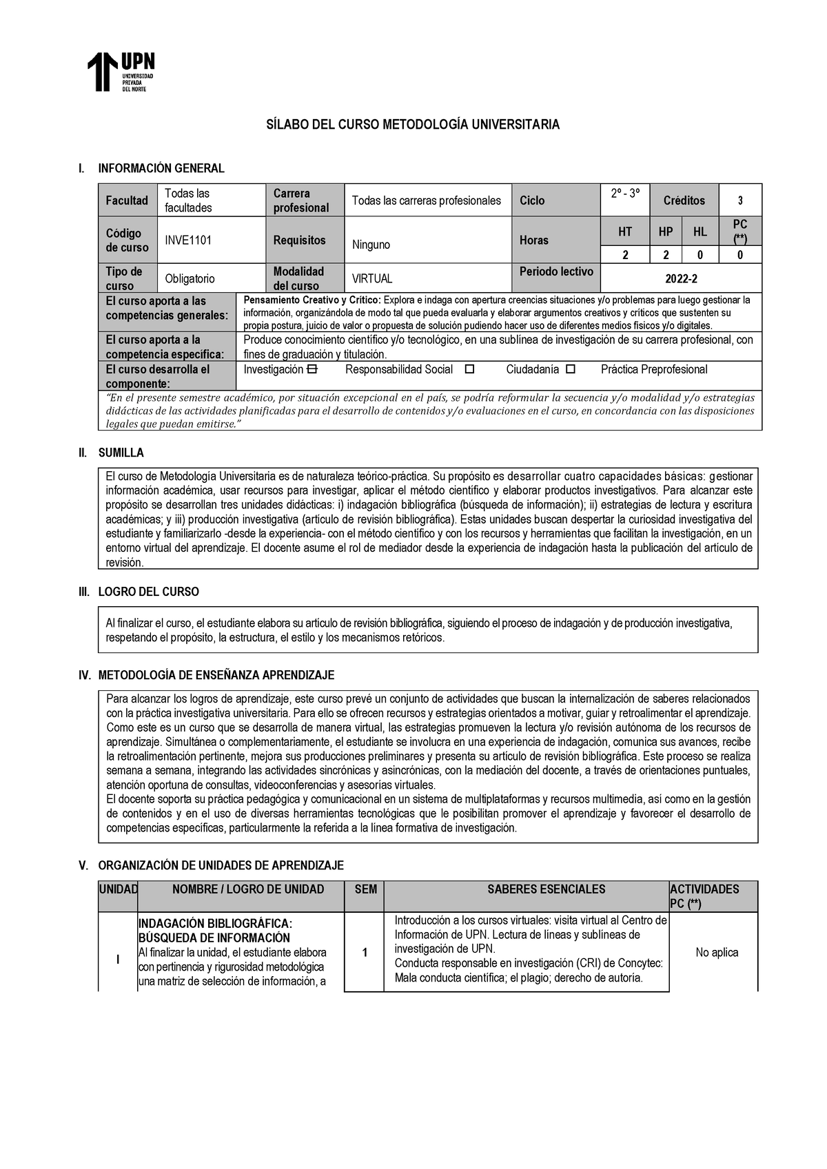 Silabo - SÕLABO DEL CURSO METODOLOGÕA UNIVERSITARIA I. INFORMACI”N ...