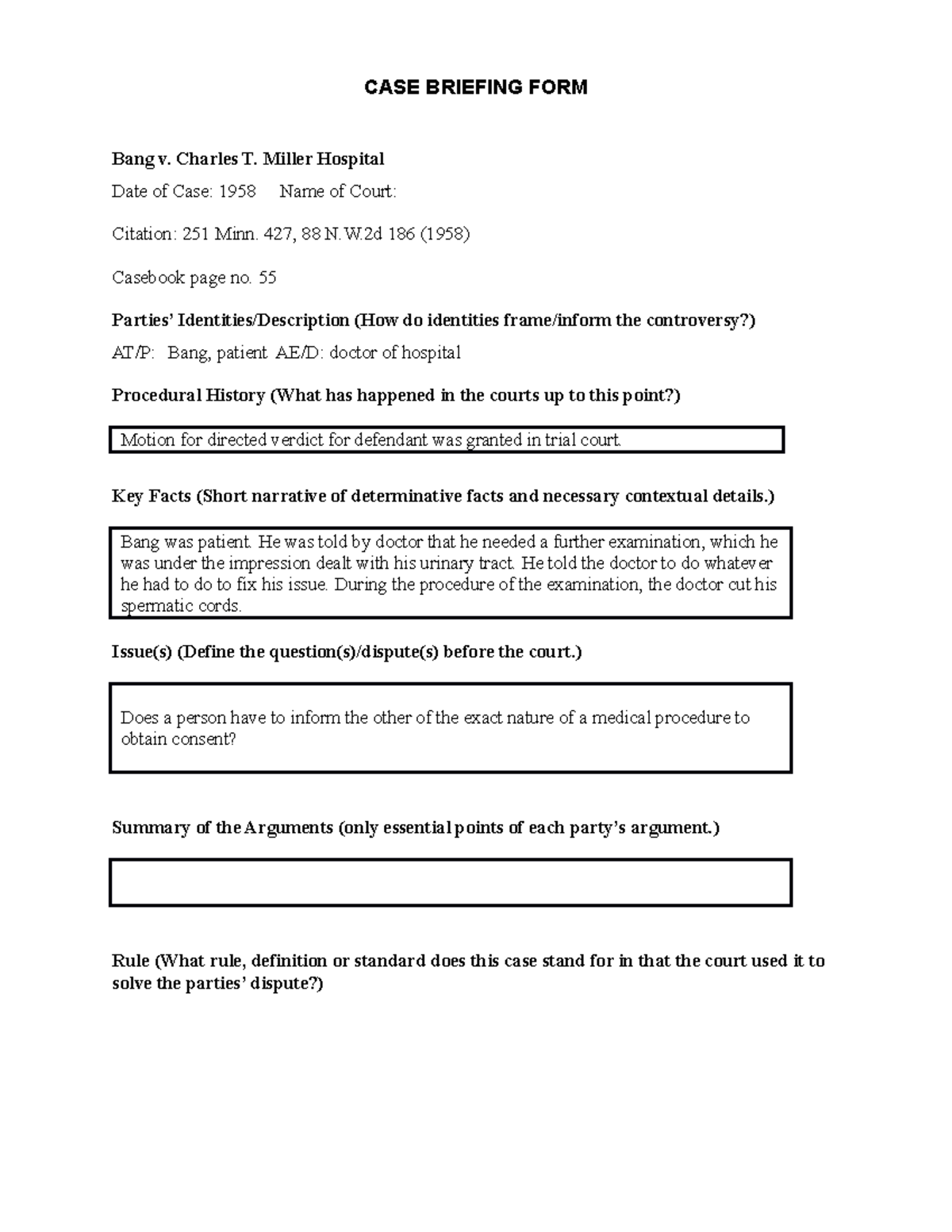 Bang v. Charles T. Miller Hospital - CASE BRIEFING FORM Bang v. Charles ...