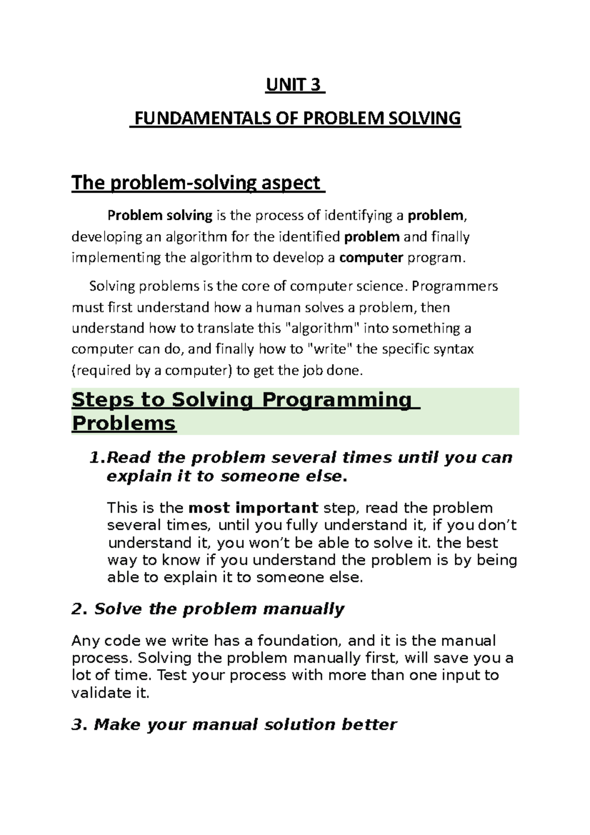 Unit 1 - UNIT 3 FUNDAMENTALS OF PROBLEM SOLVING The problem-solving ...