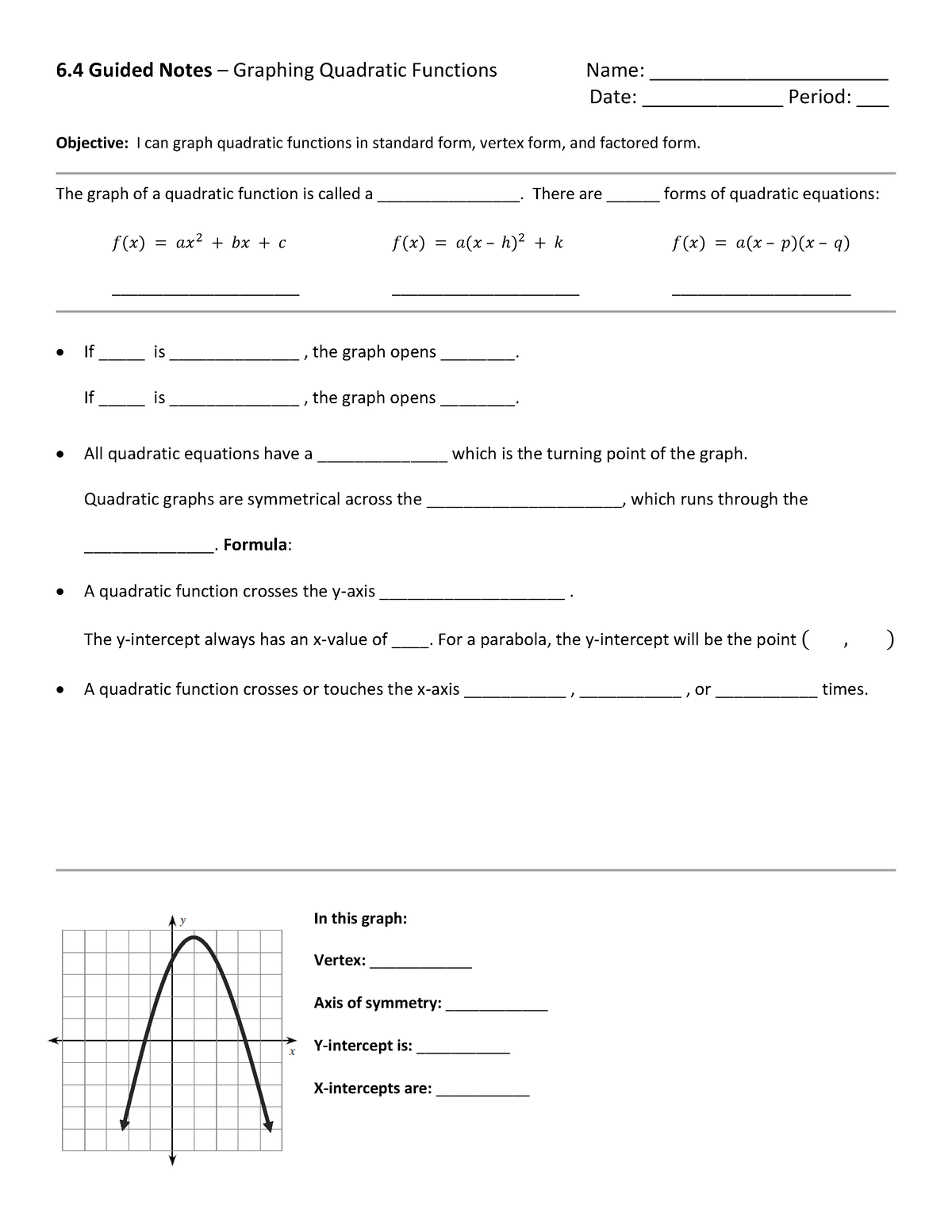 Graphing Quadratics Guided Notes - 6 Guided Notes – Graphing Quadratic ...