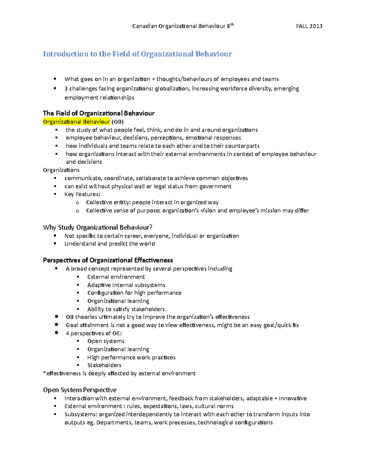 Introduction to the Field of Organizational Behaviour - Canadian ...