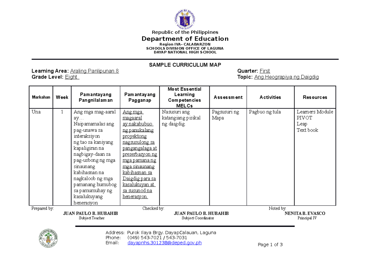 Sample Curriculum MAP - Republic of the Philippines Department of ...