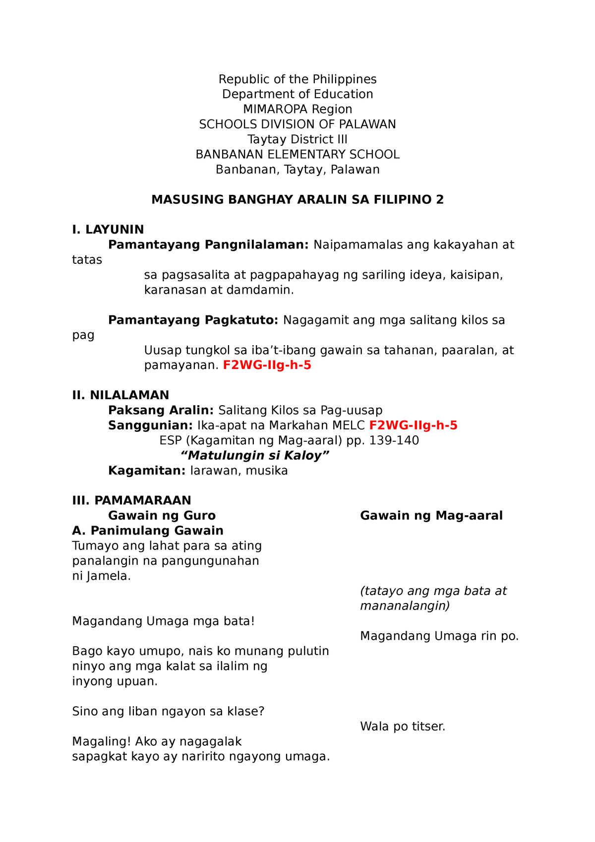 COT Lesson PLAN Filipino - Republic Of The Philippines Department Of ...