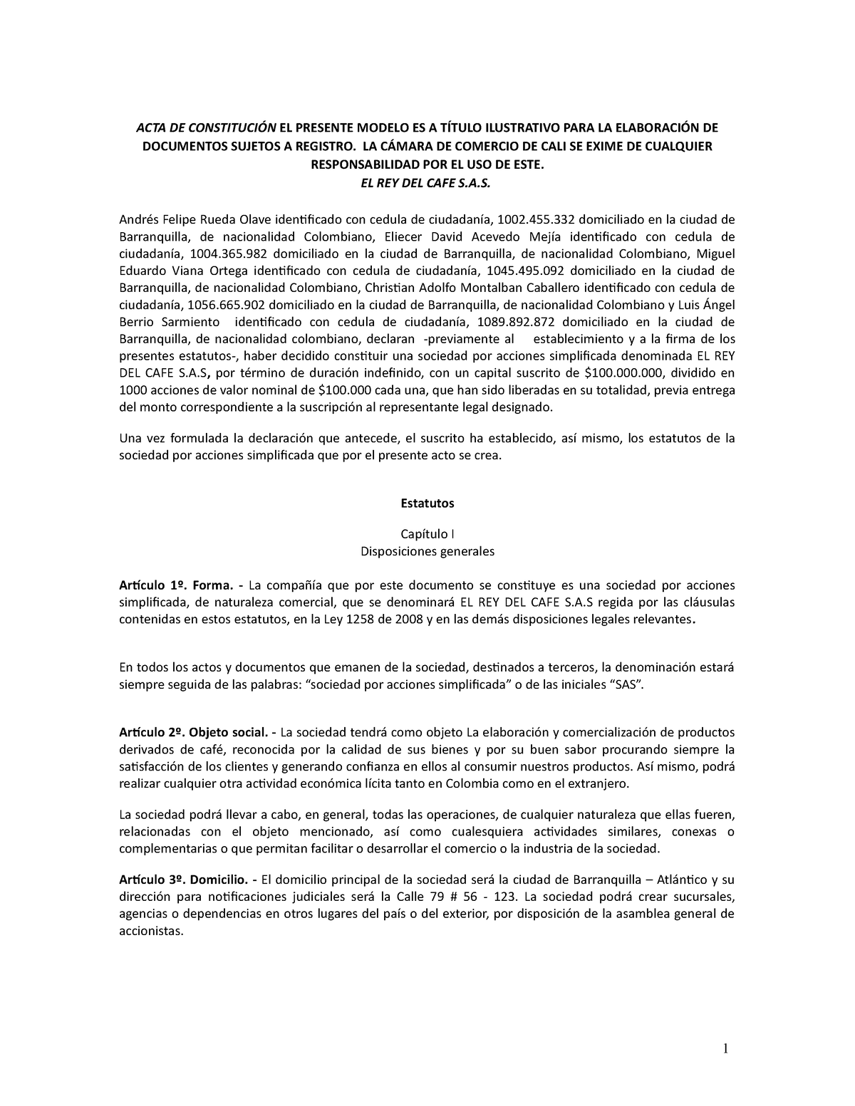 Constitucion Sociedad Por Acciones Simplificada Acta De ConstituciÓn