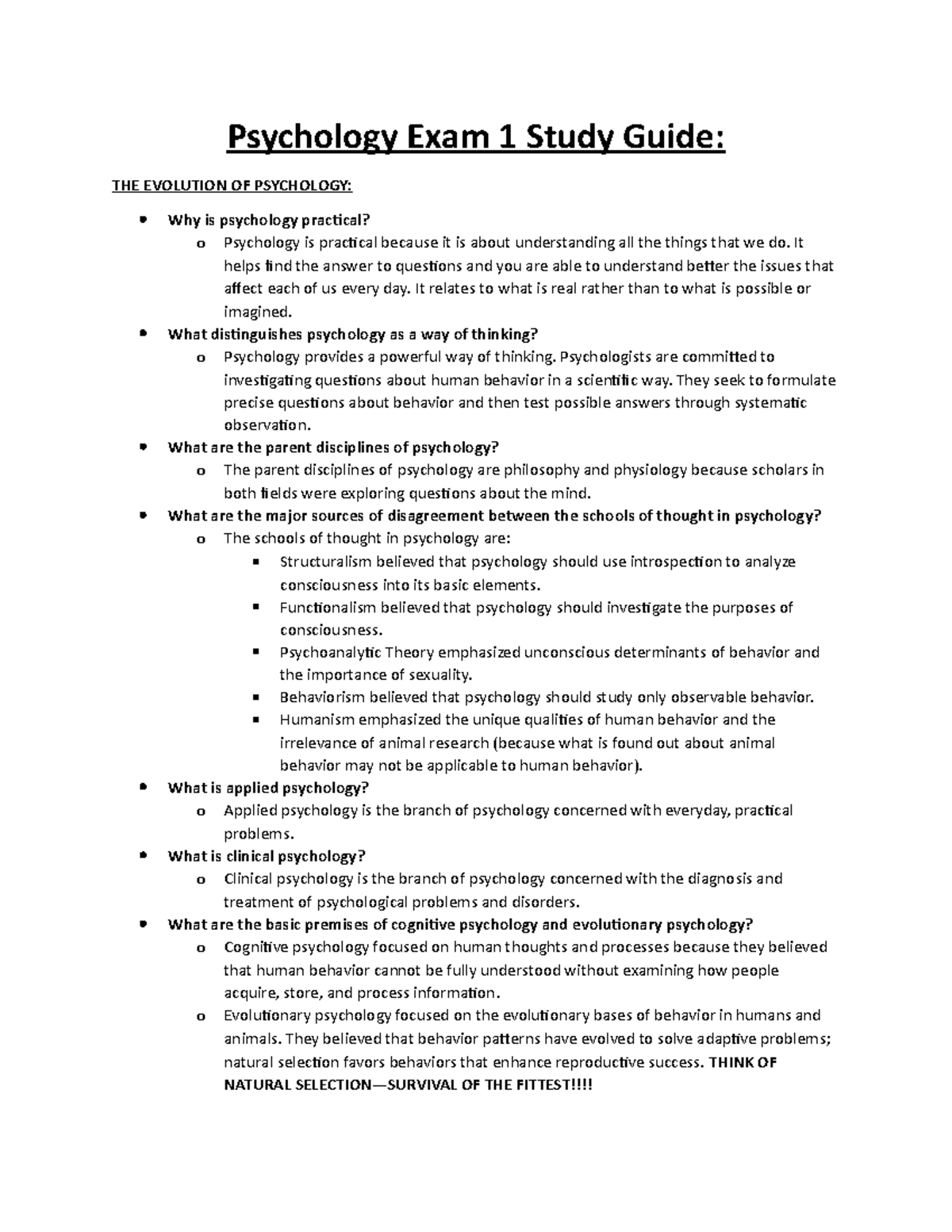 Psychology Study Guide (Exam 1) - Psychology Exam 1 Study Guide: THE ...