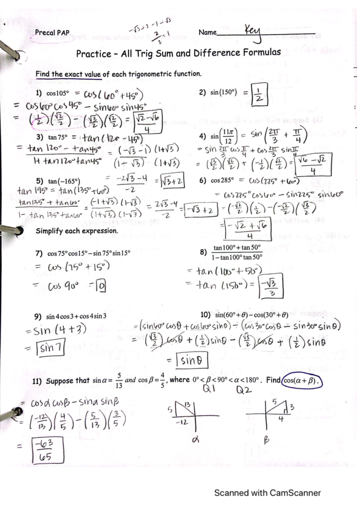 Practice sum and diff ws key - Studocu