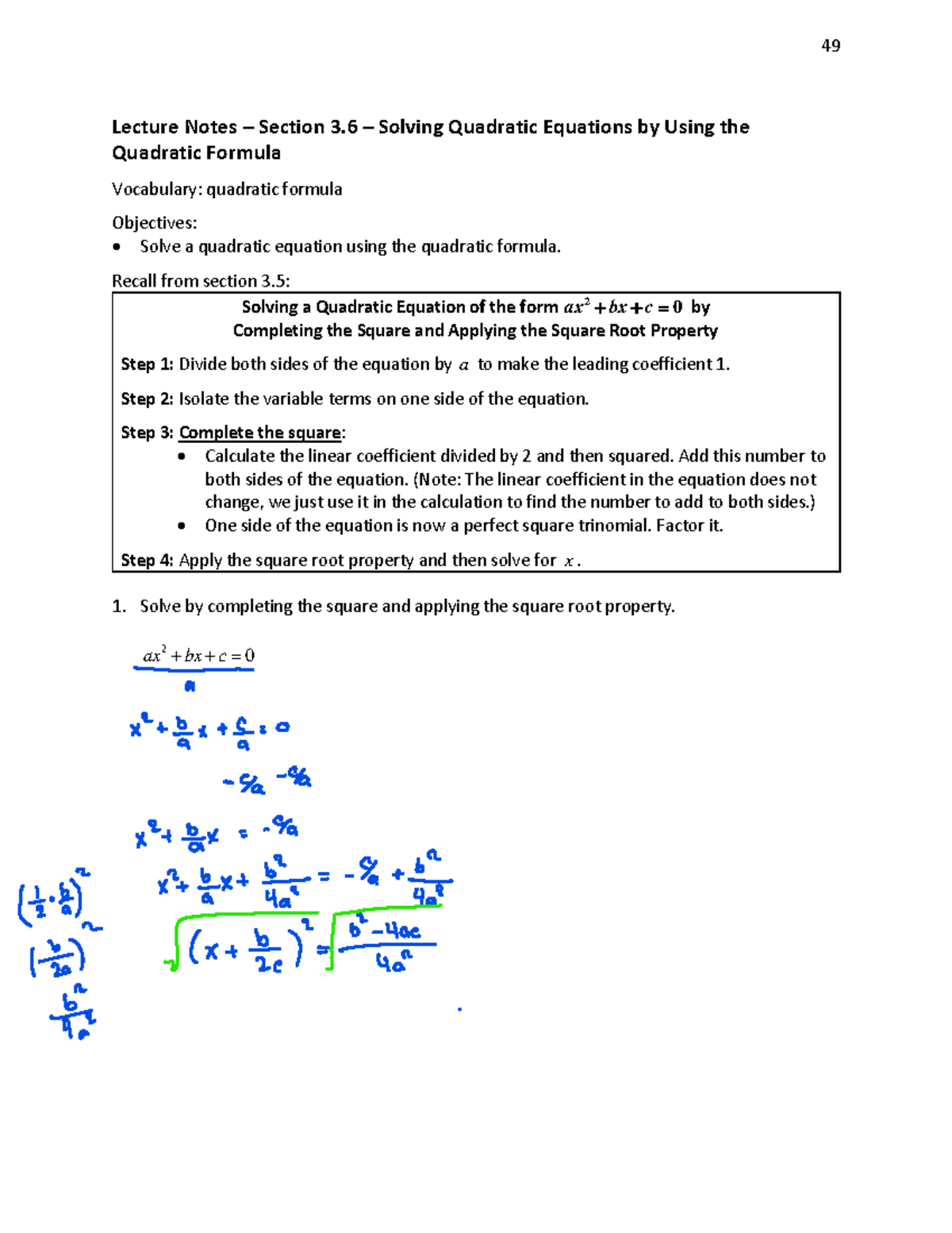 M1105c 3 6 Ln Solving Quadratic Equations By Using The Quadratic Formula W Pg Nums Lecture