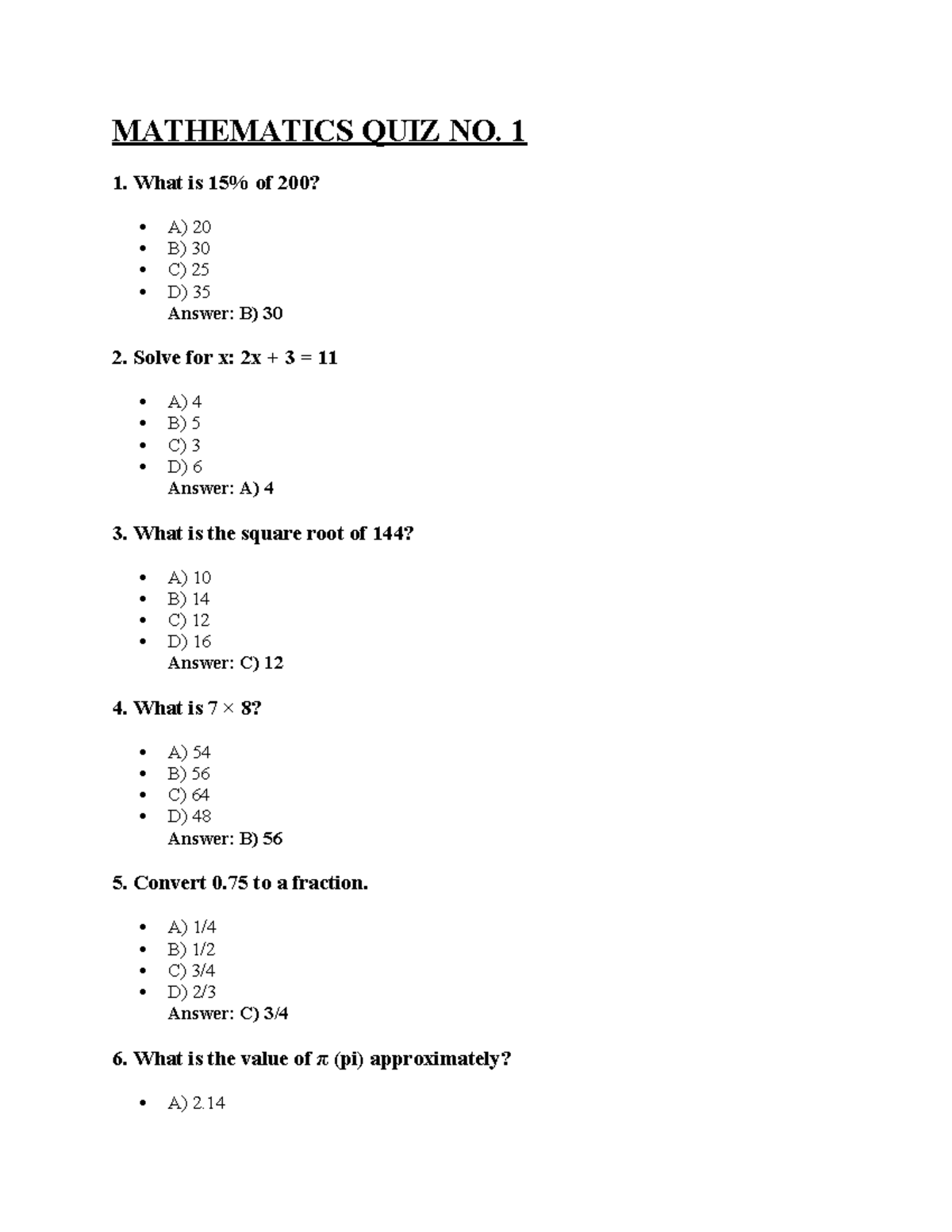 Mathematics QUIZ NO. 1 - What is 15% of 200? MATHEMATICS QUIZ NO. A) B ...