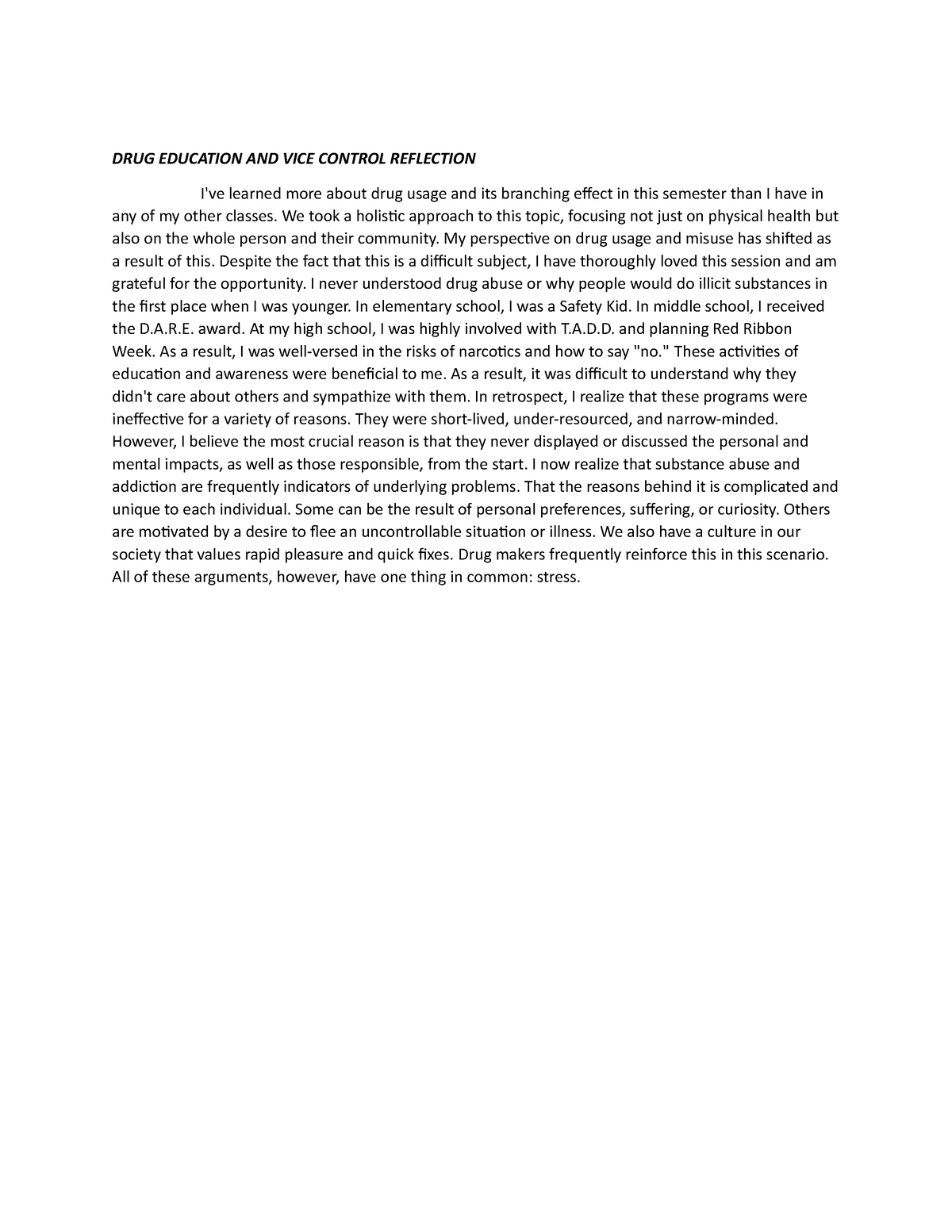 drug education reflection essay