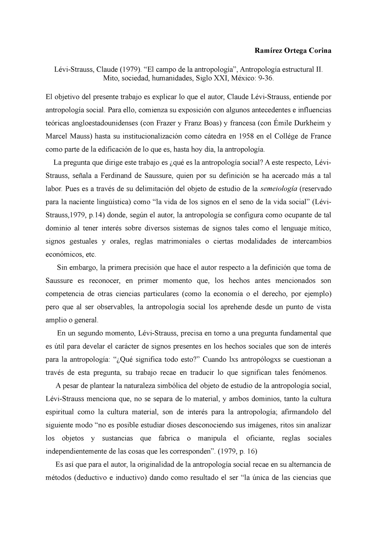 Reporte - Claude Lévi-Strauss - Ramírez Ortega Corina Lévi-Strauss ...