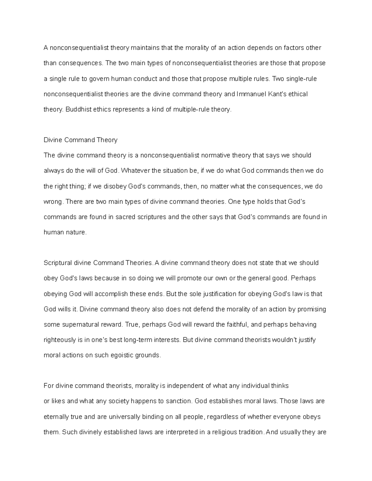 Divine Command - A nonconsequentialist theory maintains that the ...