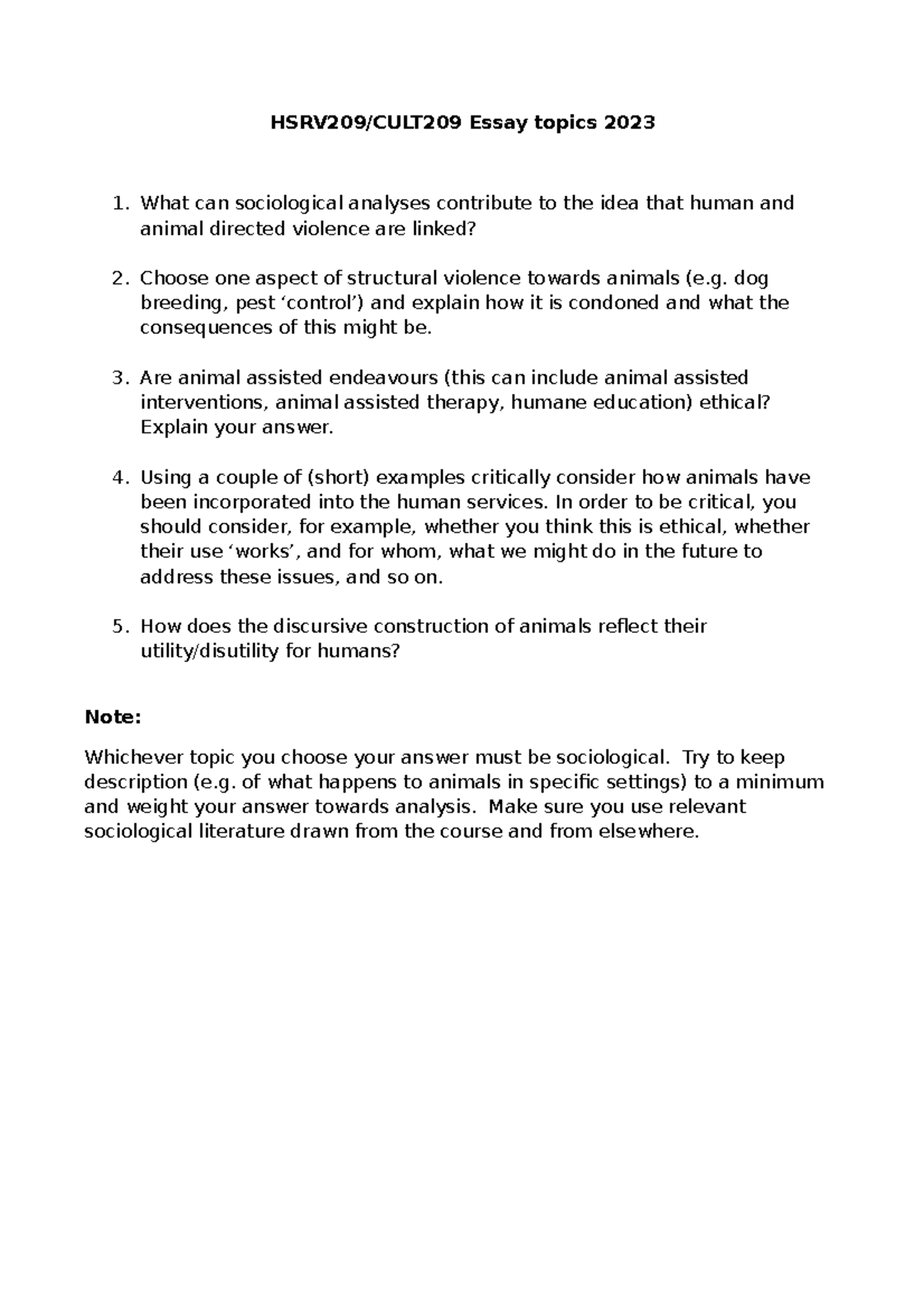 HSRV209 Essay questions 2023 HSRV209/CULT209 Essay topics 2023 What