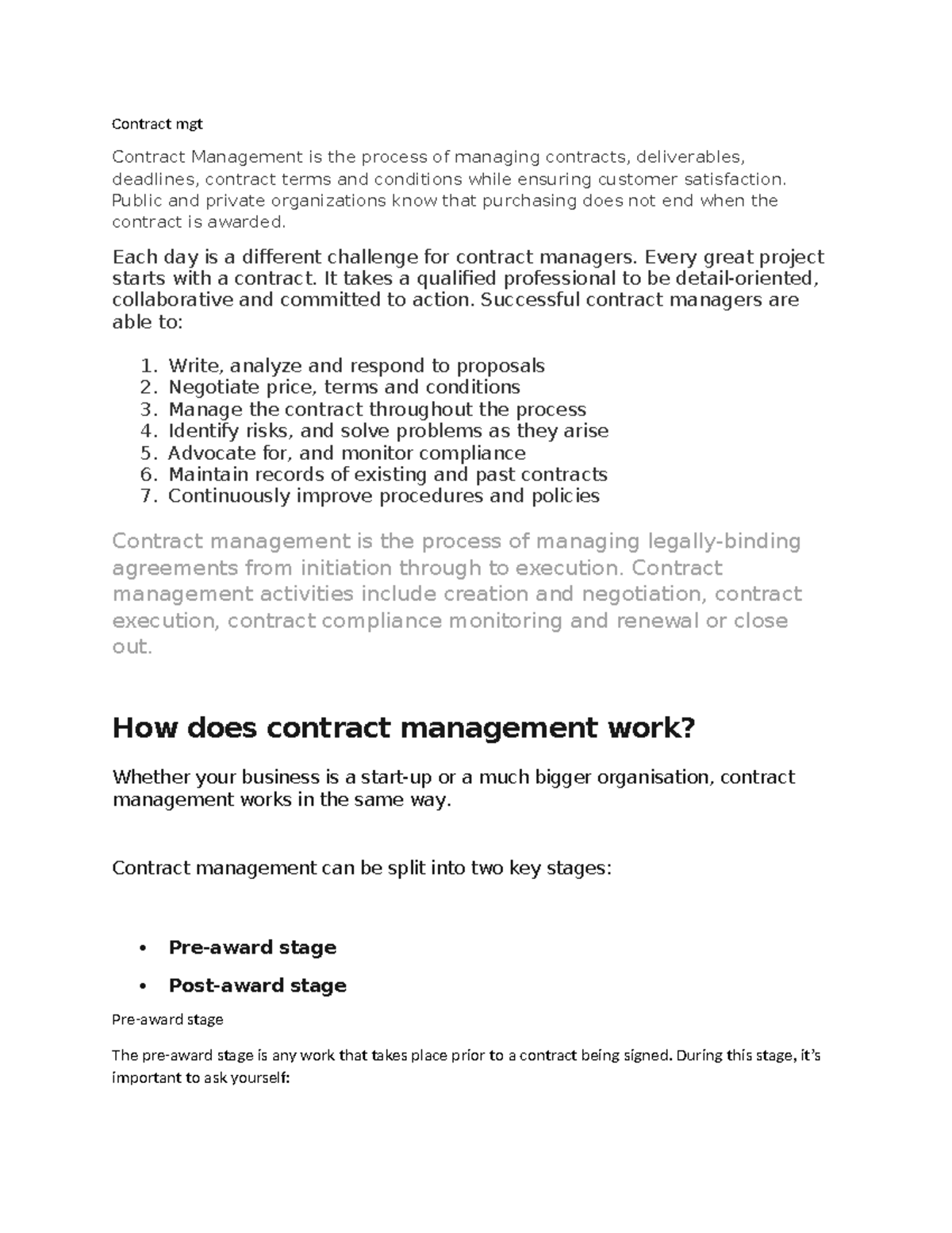 Contract mgt - assingment - Contract mgt Contract Management is the ...