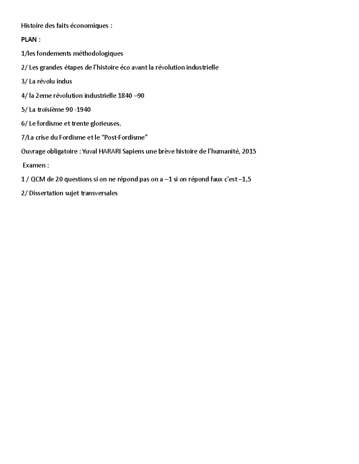 Histoire des faits écono Histoire des faits économiques PLAN 1