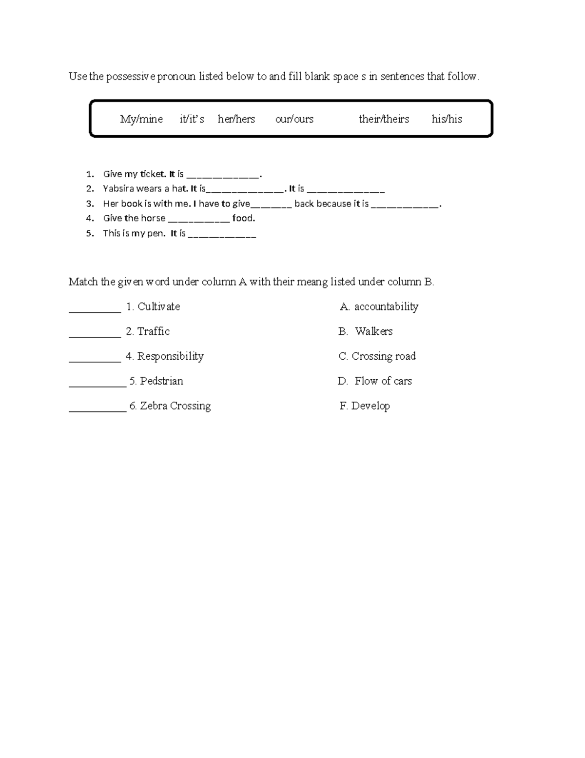 Use the possessive pronoun listed below to and fill blank space s in ...