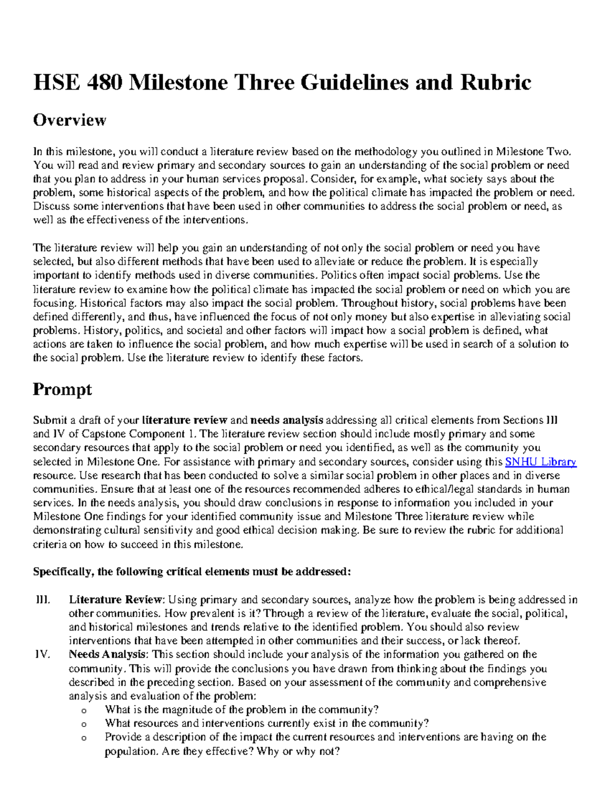 HSE 480 Milestone Three Guidelines And Rubric - You Will Read And ...