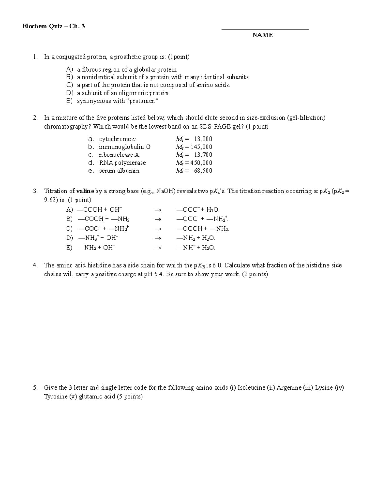 Ch. 3 quiz - no answers - Biochem Quiz – Ch. 3 ...