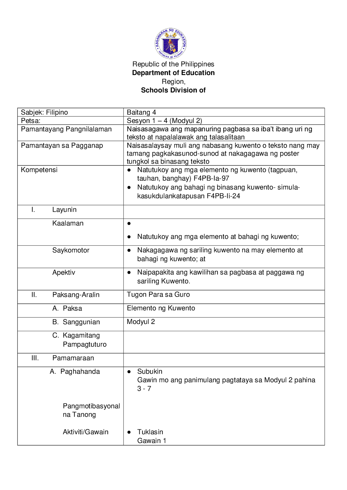 Grade 4 - Lesson PLAN-Week-10 - Republic of the Philippines Department ...