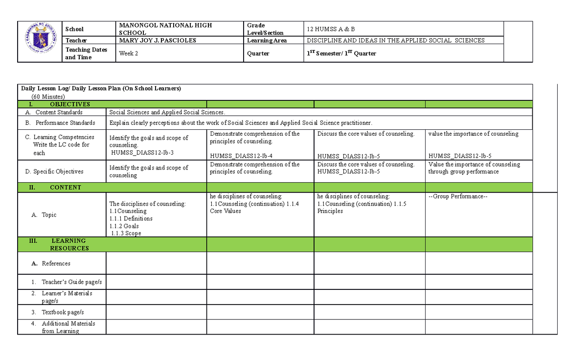 Lesson PLAN WEEK 2 - School MANONGOL NATIONAL HIGHSCHOOL GradeLevel ...