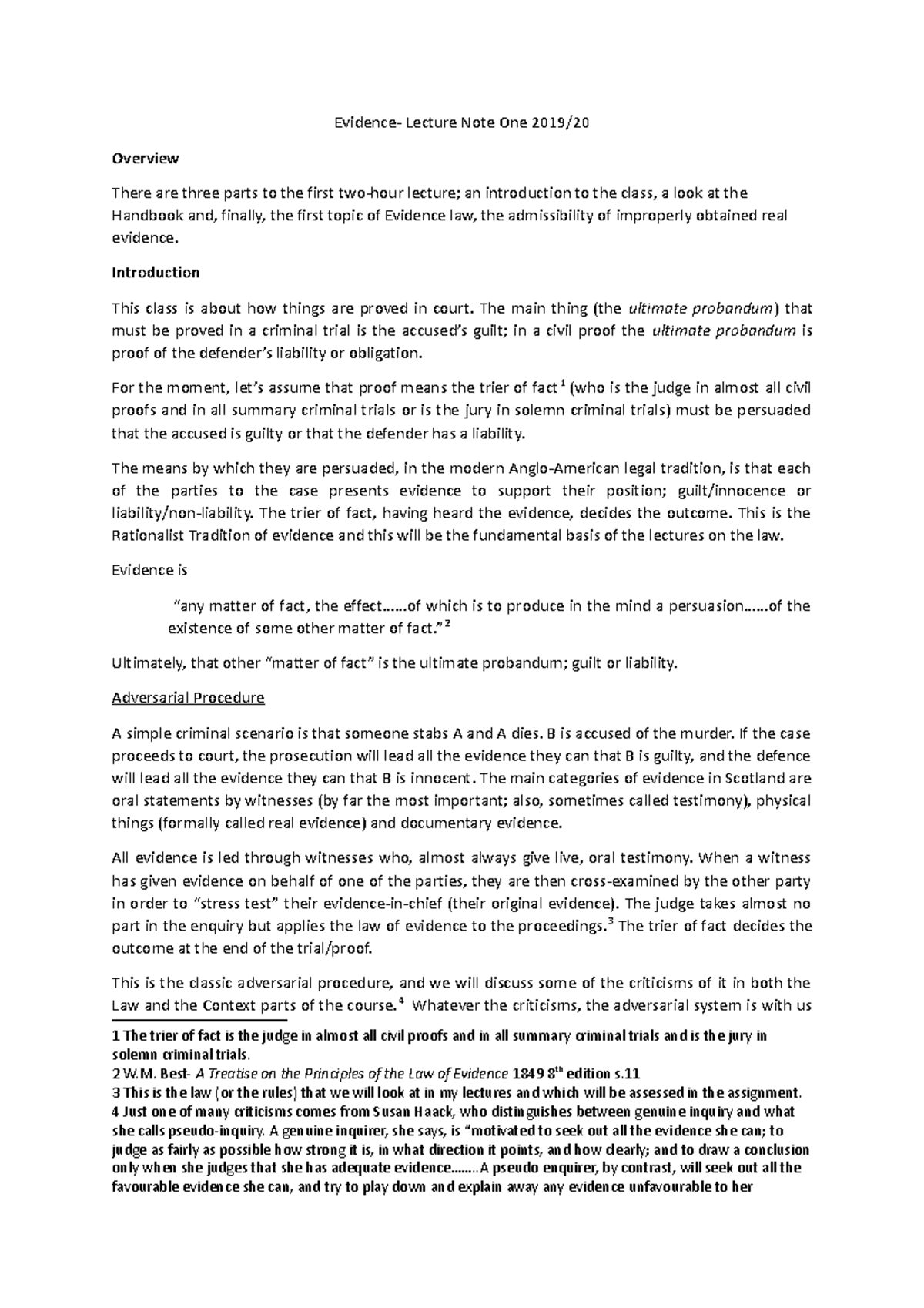 Lecture Note One 2019-20 - Evidence- Lecture Note One 2019/ Overview ...
