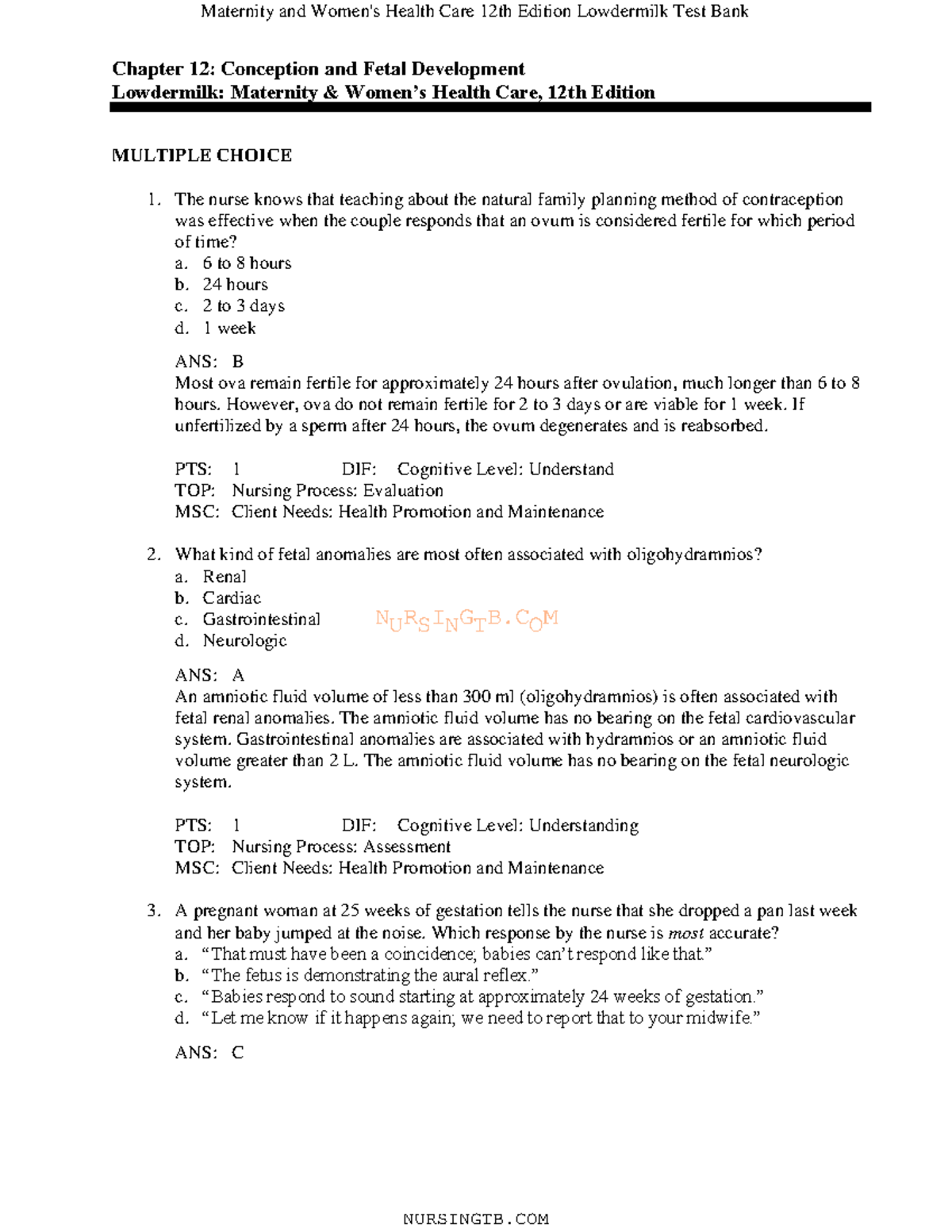 Maternity 12ed - NURSINGTB Chapter 12: Conception and Fetal Development ...