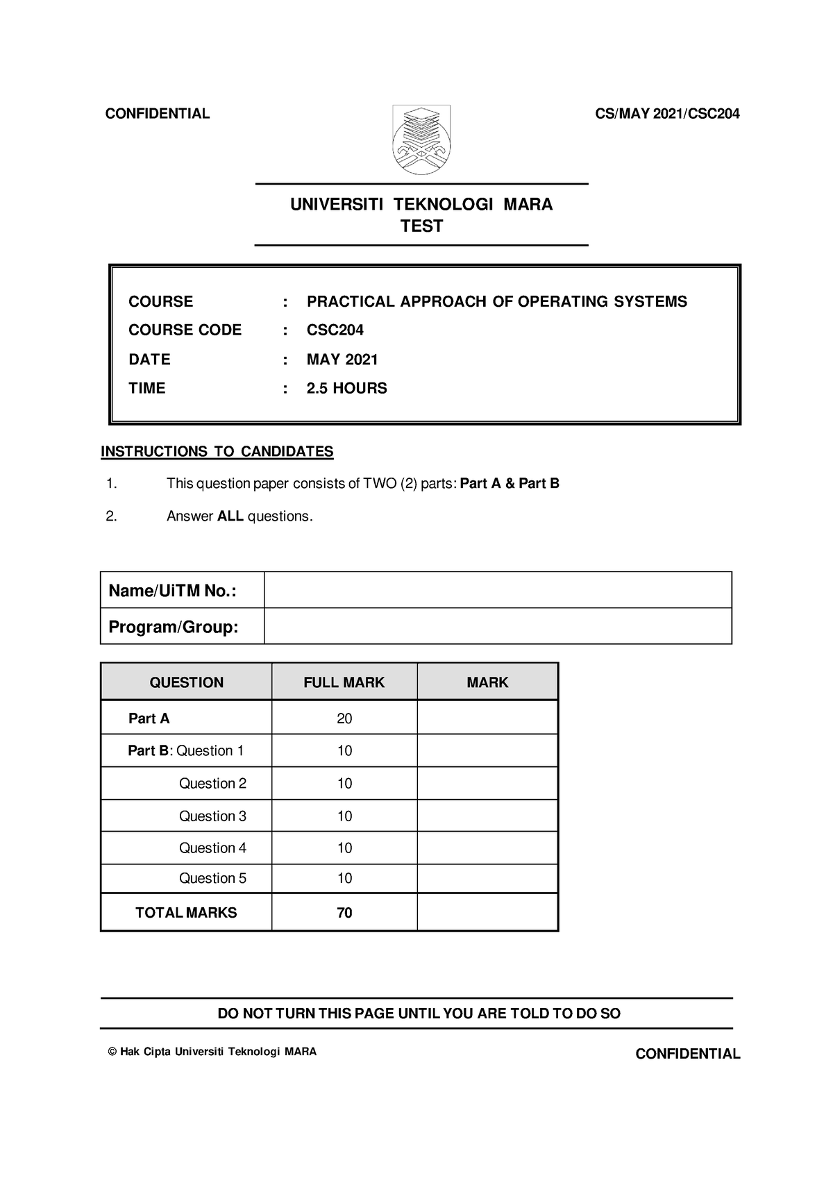 CSC204 TEST March JULY 2021 Question - DO NOT TURN THIS PAGE UNTIL YOU ...