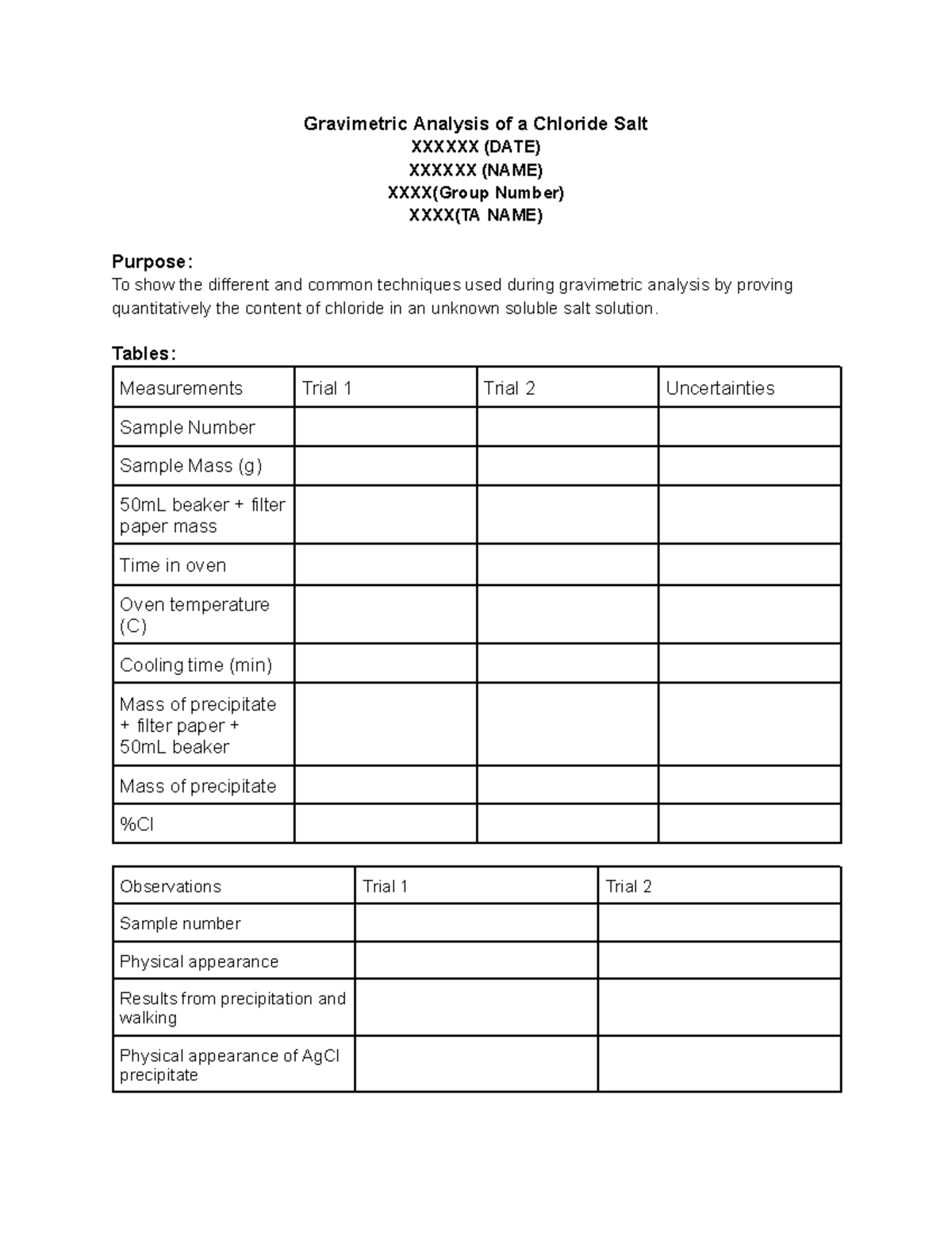 G LAB PRE LAB - Gravimetric Analysis of a Chloride Salt XXXXXX (DATE ...