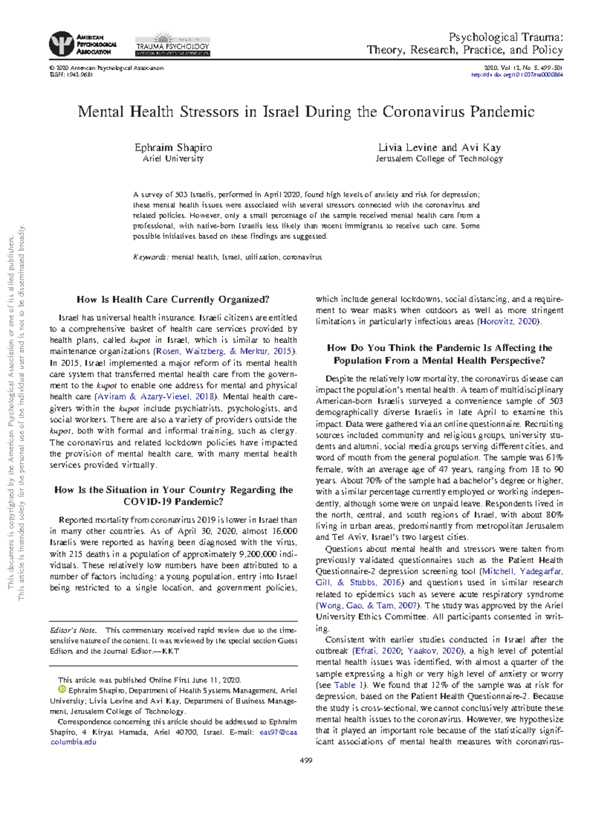 Mental Health Stressors in Israel During the Coronavirus Pandemic ...