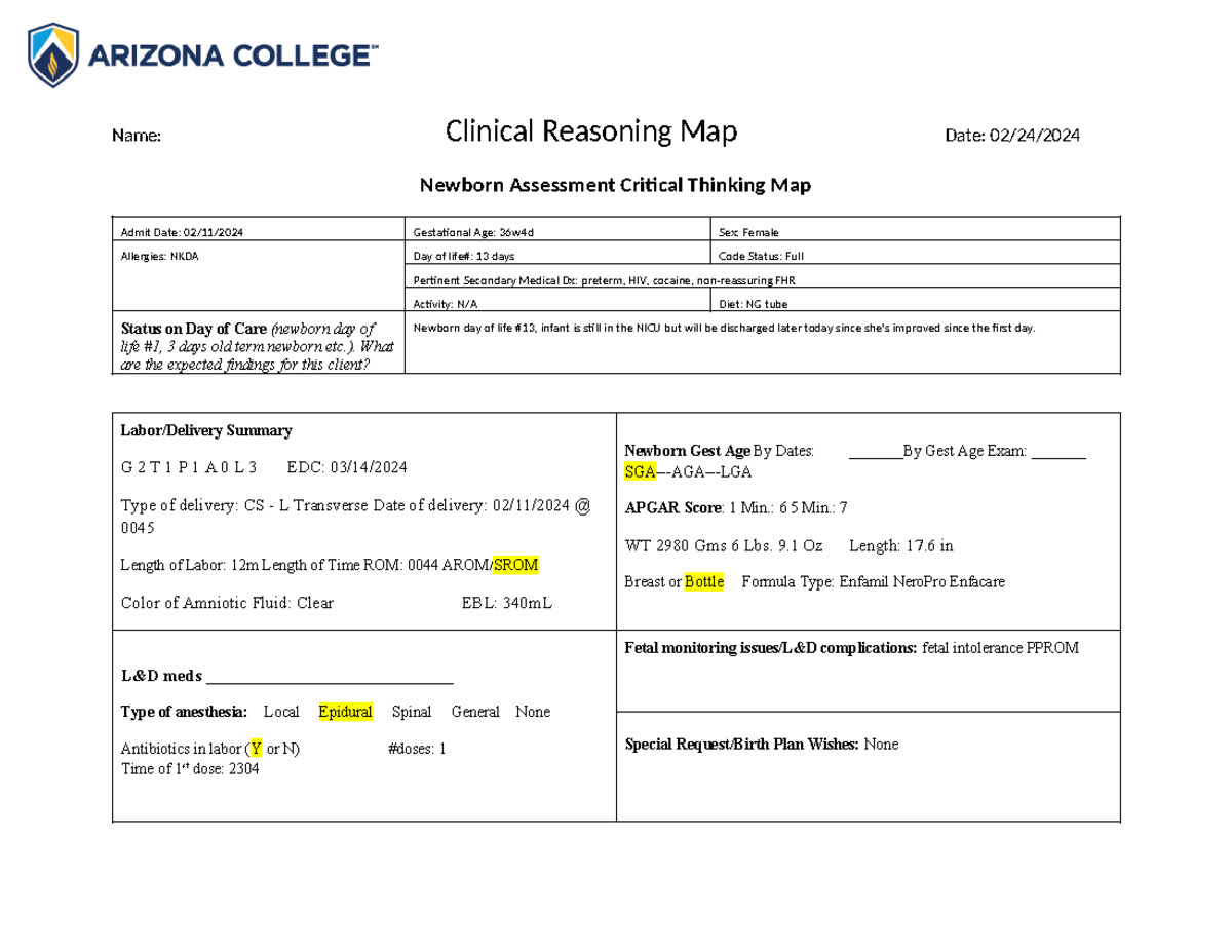 newborn assessment critical thinking map