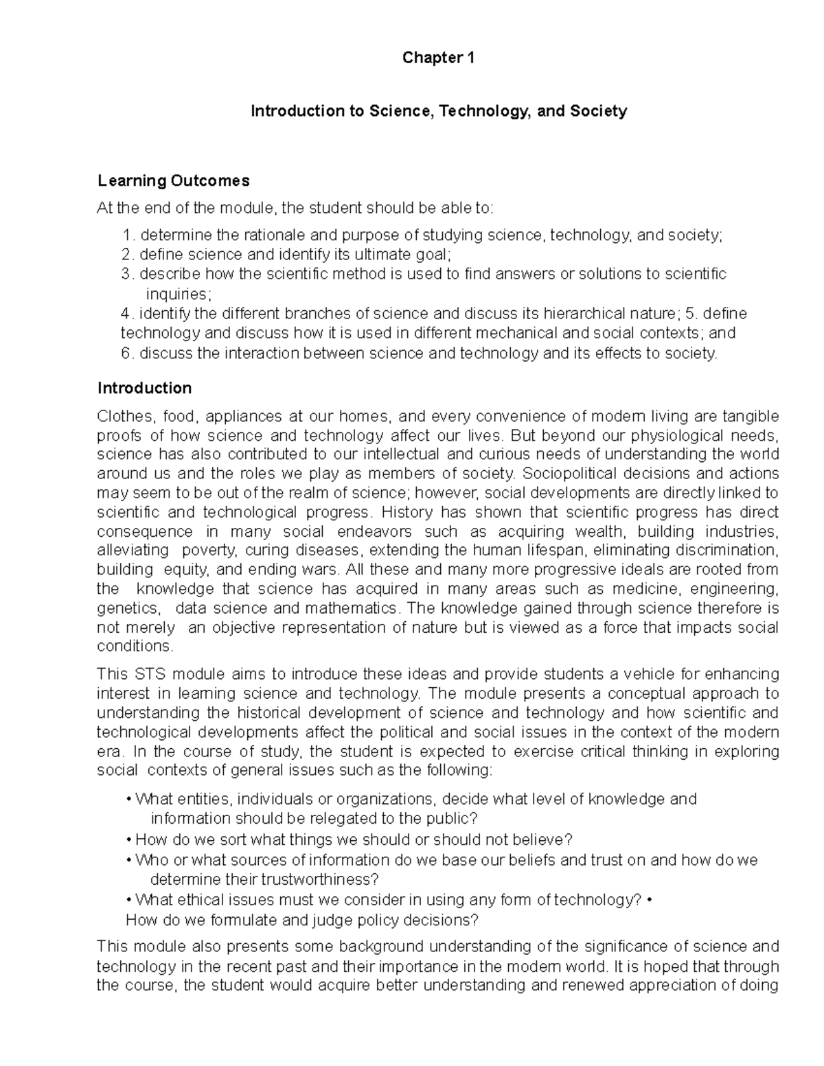 Chapter 1.Lecture Science Technology & Society - Chapter 1 Introduction 