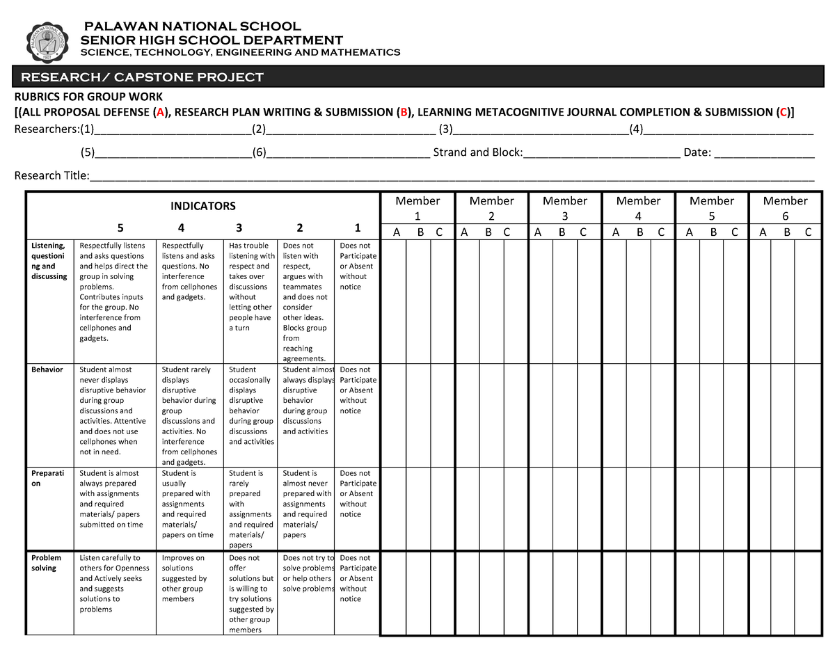 Rubrics FOR PEER Evaluation Capstone - PALAWAN NATIONAL SCHOOL SENIOR ...