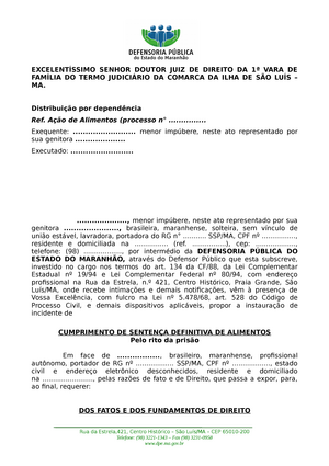 Incidente De Cumprimento De Senten A De Alimentos Penhora Senhor Doutor Juiz De Direito Da