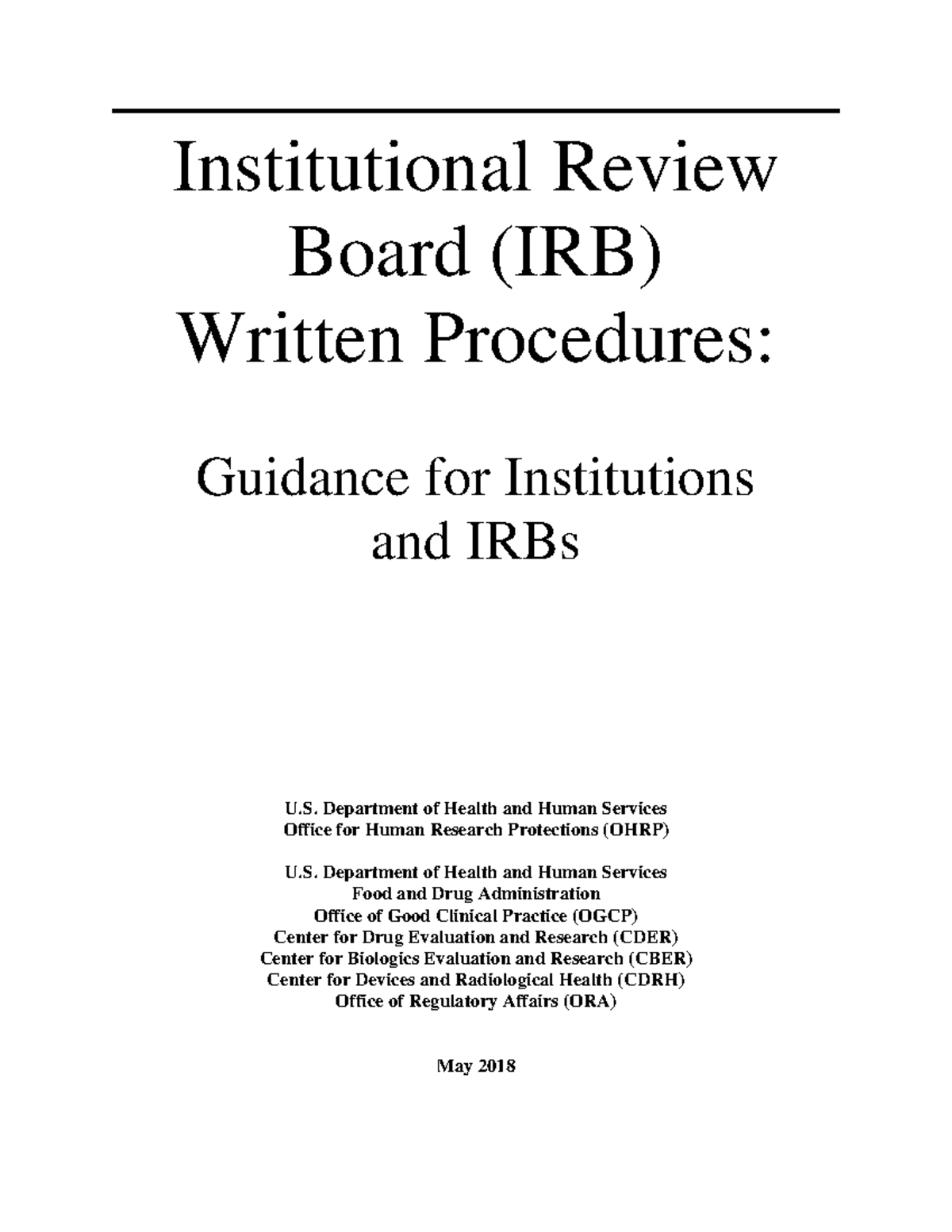 Institutional Review Board (IRB) Written Procedures Draft Guidance for