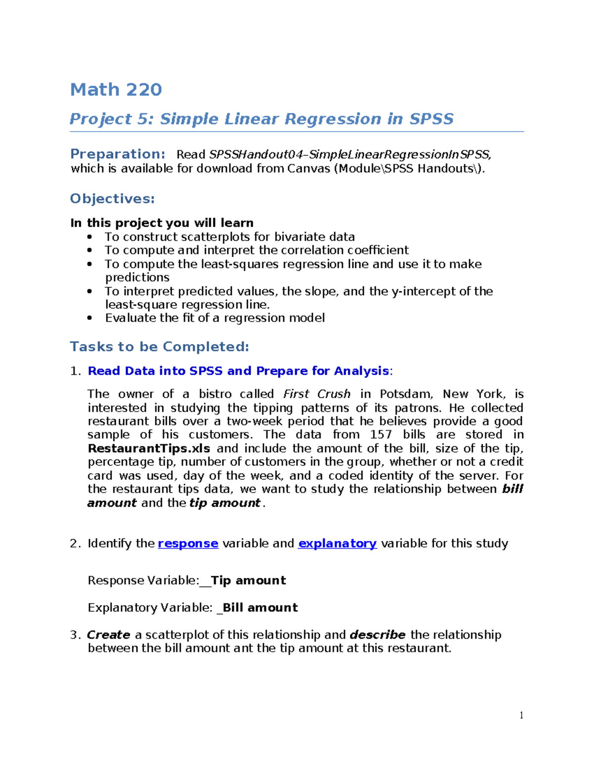 Project 5 Regression - Math 220 Project 5: Simple Linear Regression in ...