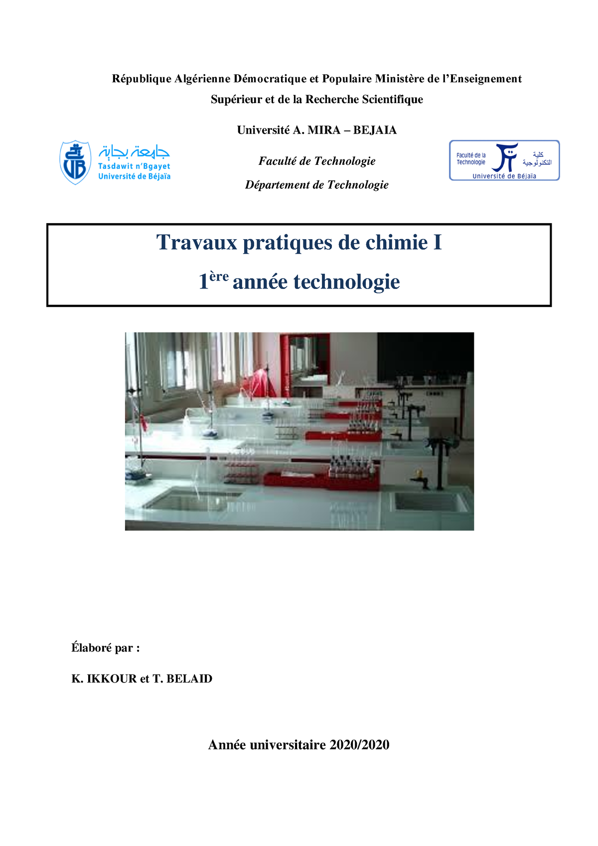 Polycopié des TPs de chimie I République Algérienne Démocratique et