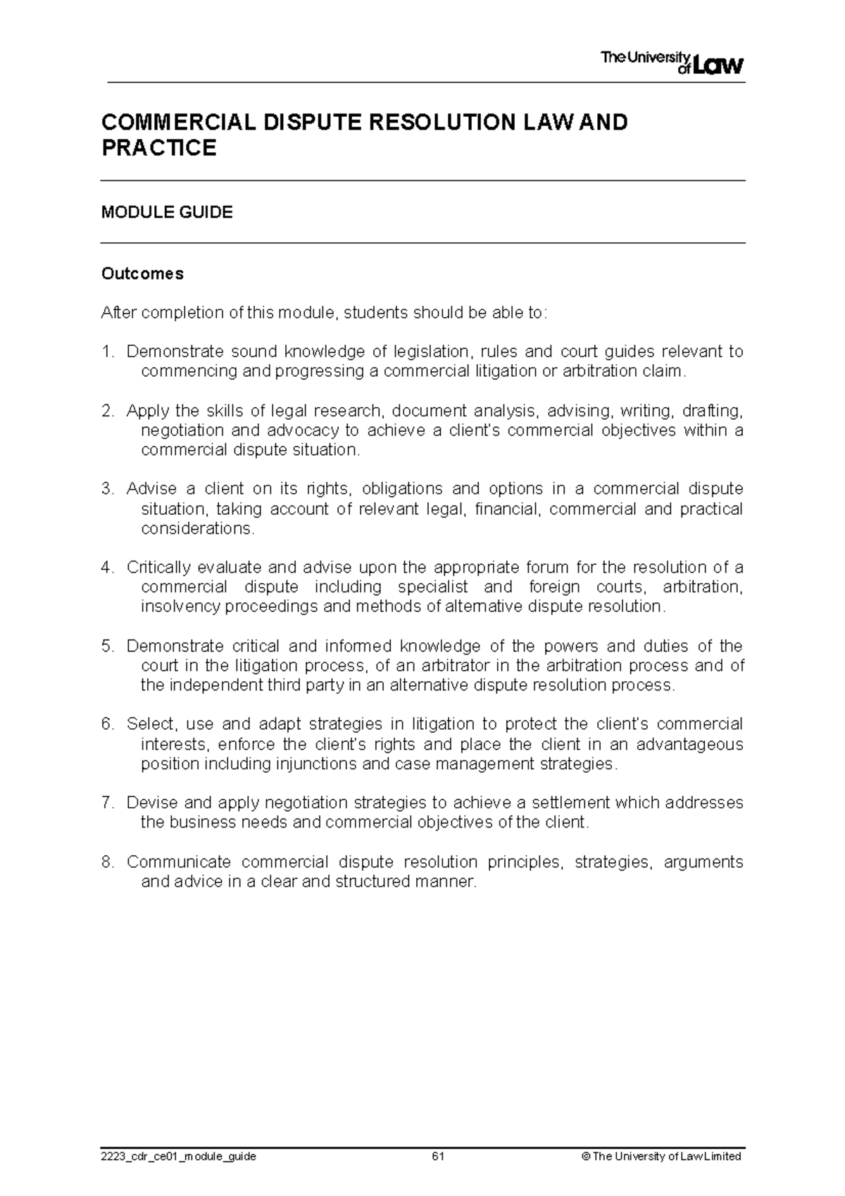 2223 cdr ce01 module guide COMMERCIAL DISPUTE RESOLUTION LAW AND
