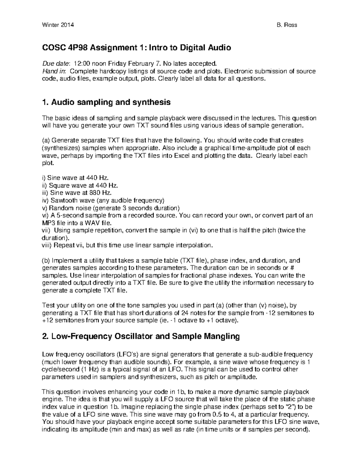 Topics in Computer Media and Digital Audio Assignment 1 - Winter 2014 B ...