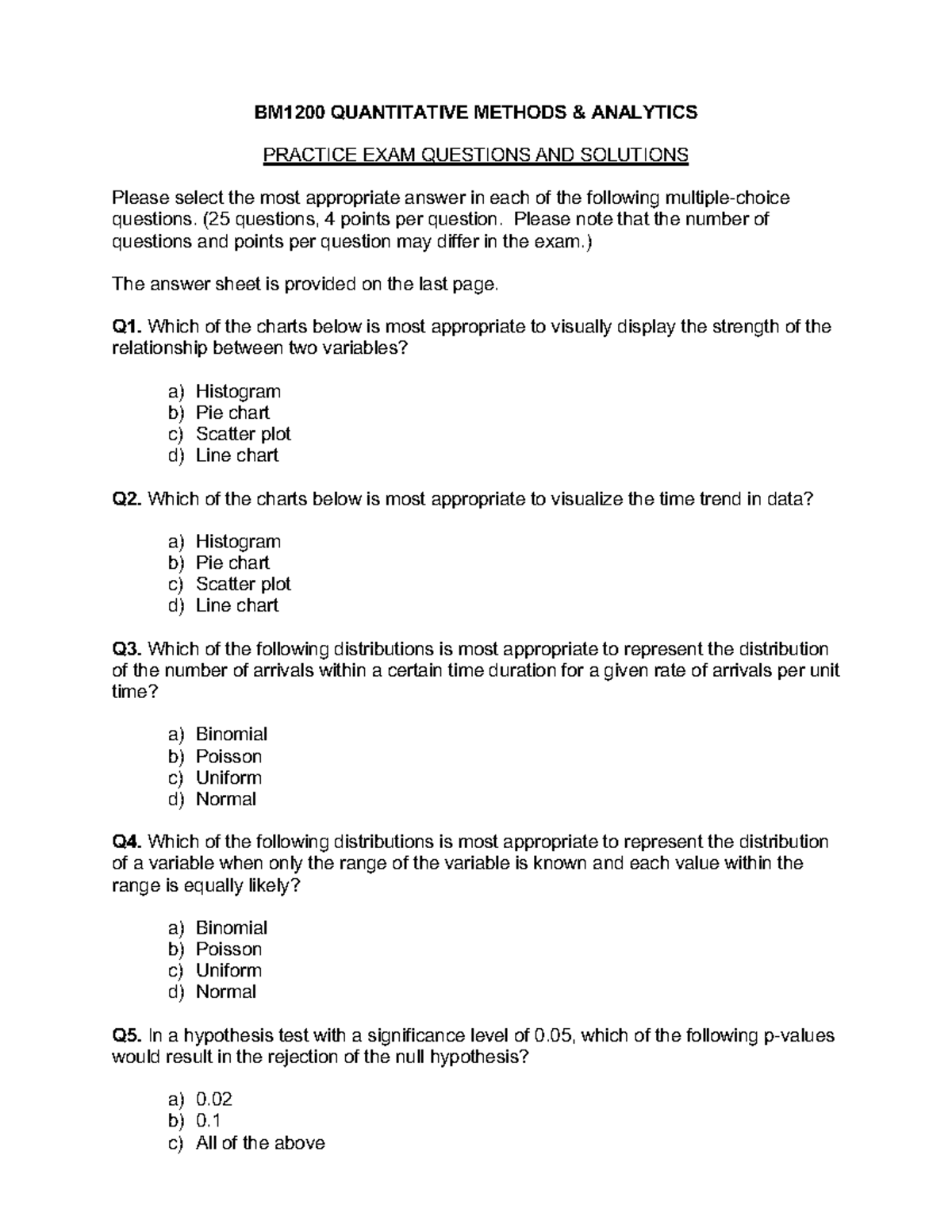 Sample/practice exam, questions - BM1200 QUANTITATIVE METHODS ...