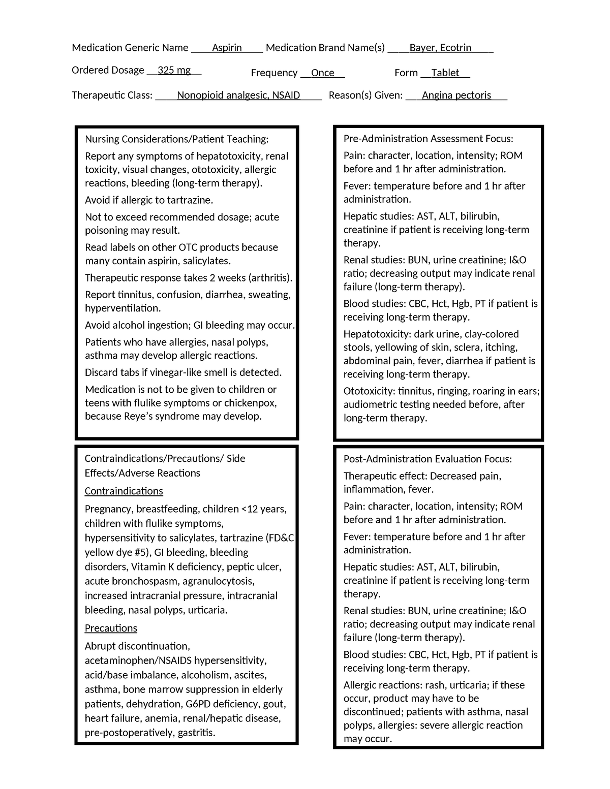 Aspirin Drug cards Nursing Considerations/Patient Teaching Report