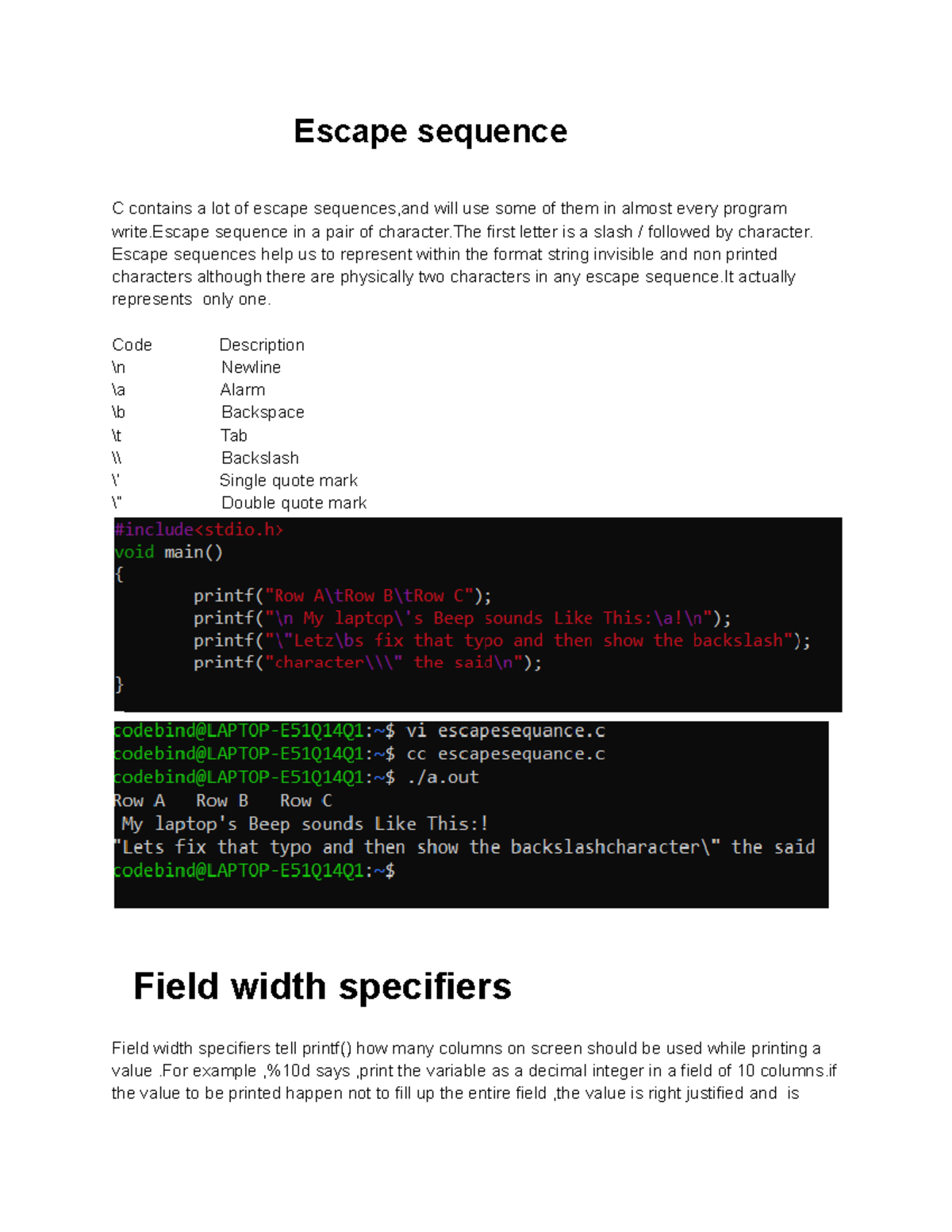 Untitled document Escape sequence, Field width, Rules Escape