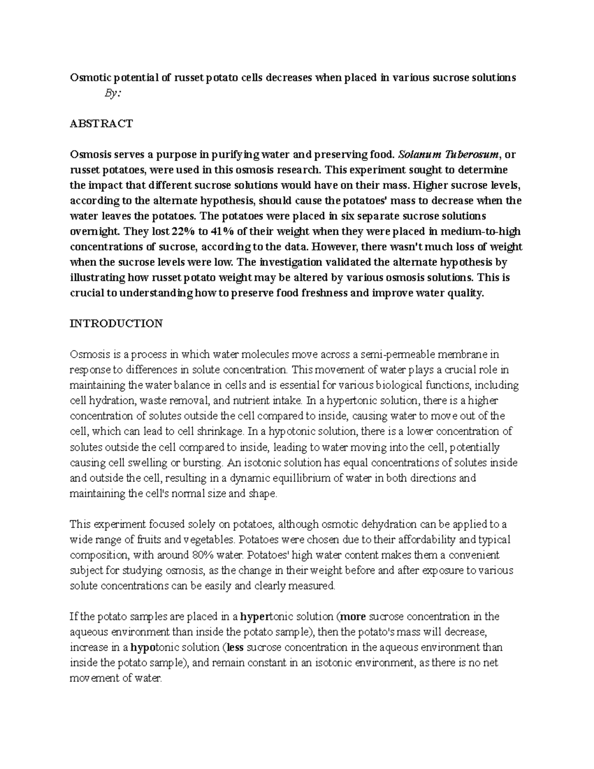 Potato Osmolarity Formal Lab Report Osmotic potential of russet
