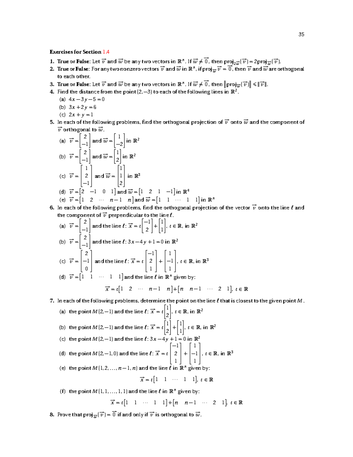 Exercise-1 - dsadsa - 35 Exercises for Section 1. 1. True or False: Let ...