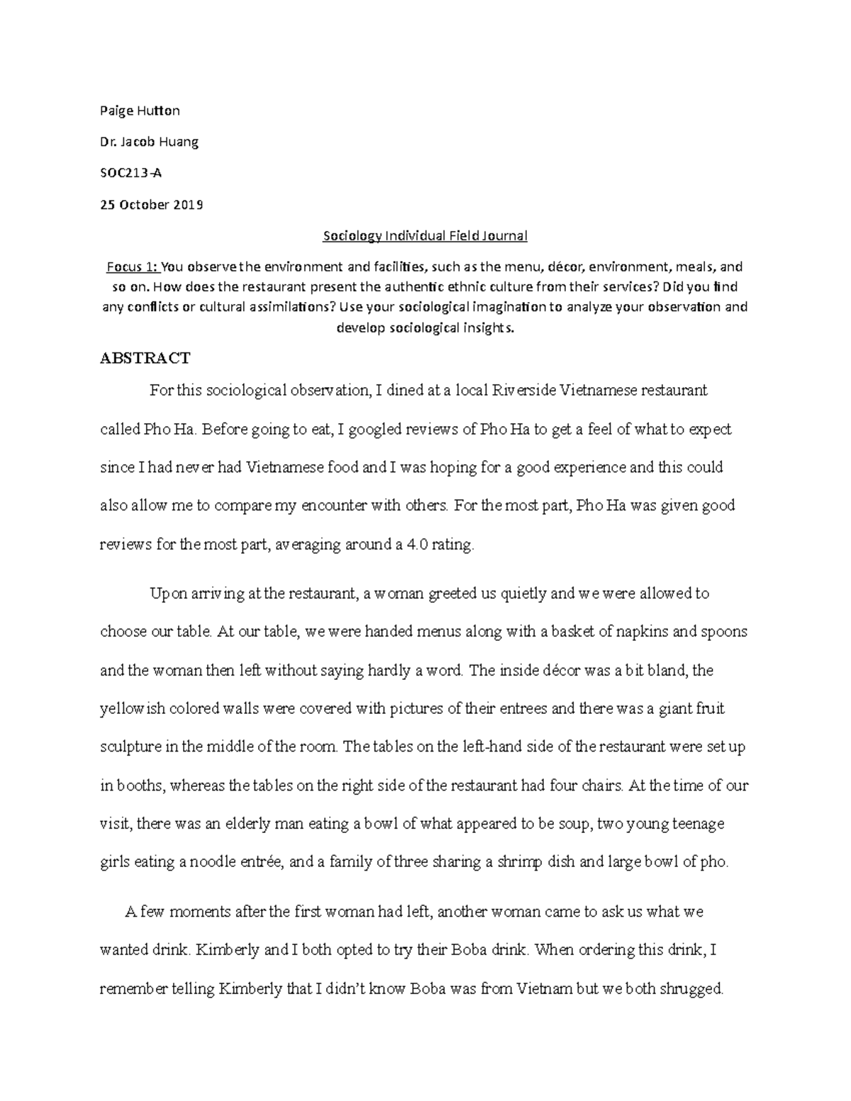 SOC213 Field Journal - Paige Hutton Dr. Jacob Huang SOC213-A 25 October ...