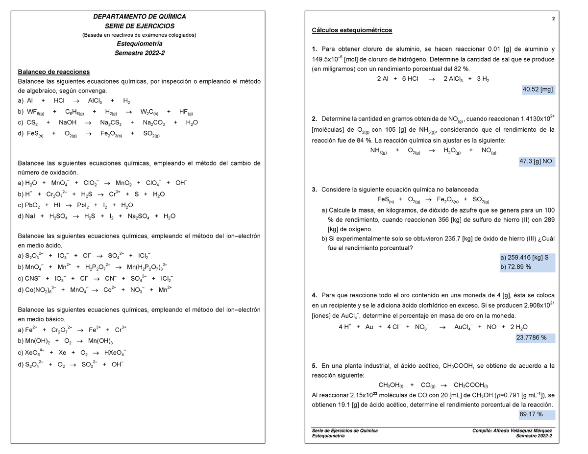 Serie 5 Ejercicios De Estequimetria Departamento De QuÍmica Serie De Ejercicios Basada En