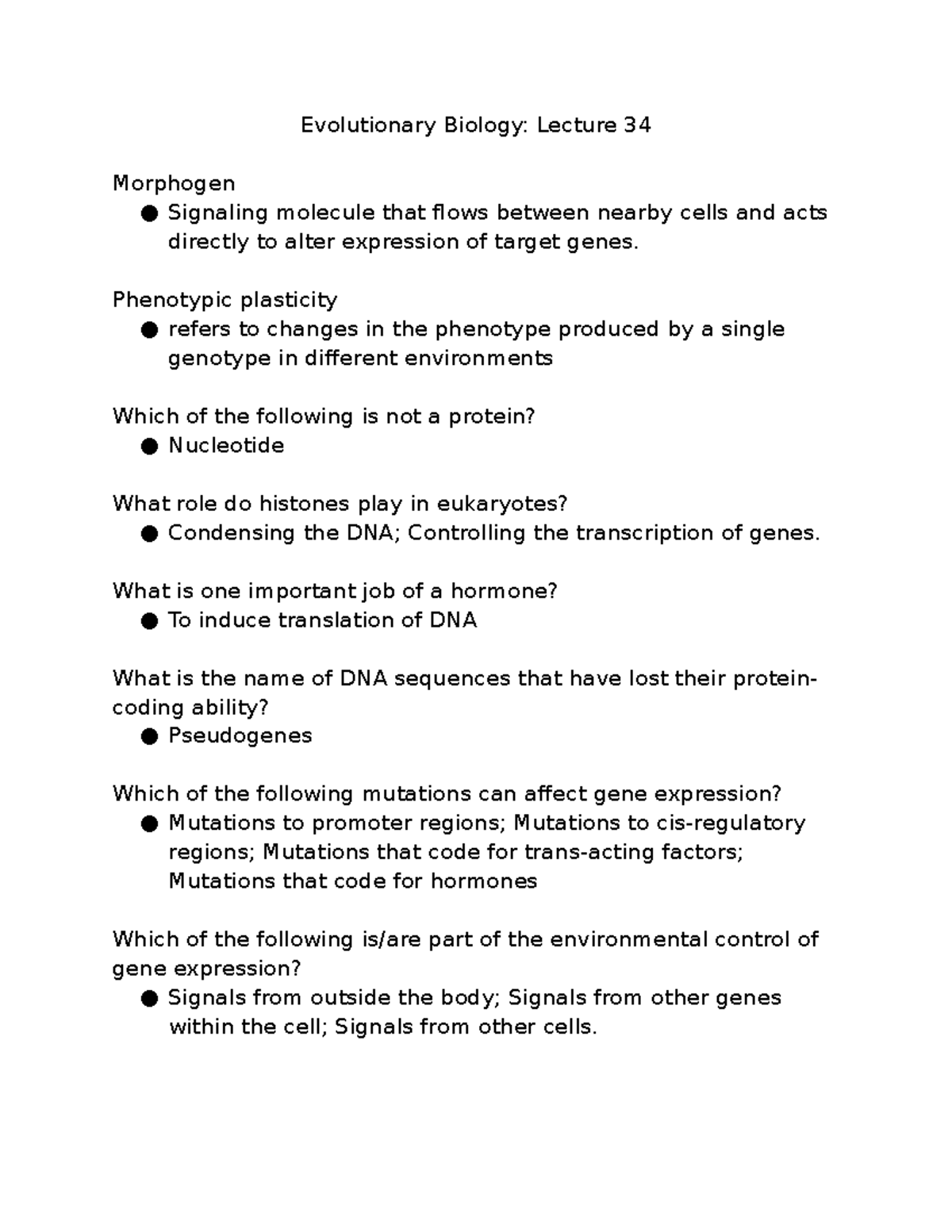 Evolutionary Biology Lecture 34 - Phenotypic plasticity refers to ...
