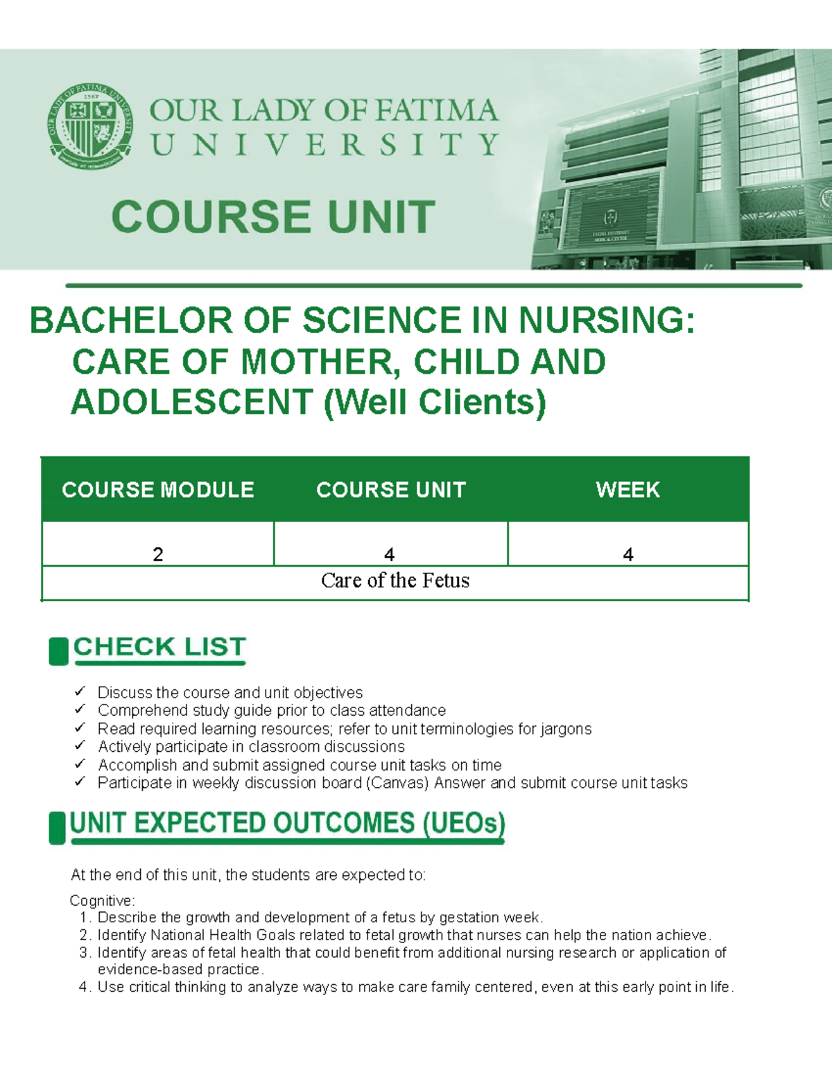 Course+UNIT+WEEK++4 - NCMA 217 - BACHELOR OF SCIENCE IN NURSING: CARE ...